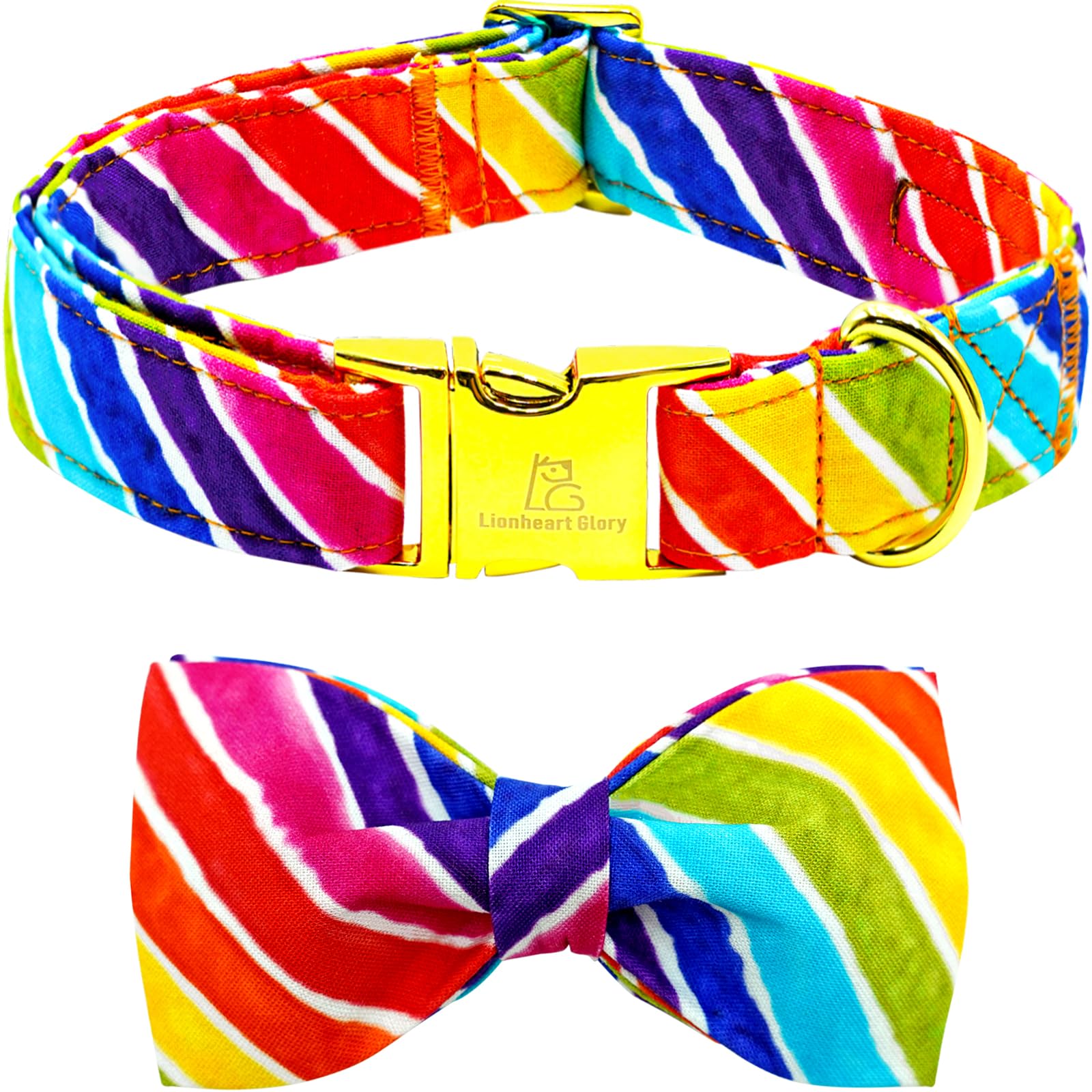 Lionheart Rainbow Dog Collar - Colorful, Adjustable, Heavy Duty Pride Dog Collar with Bowtie for Medium Dogs