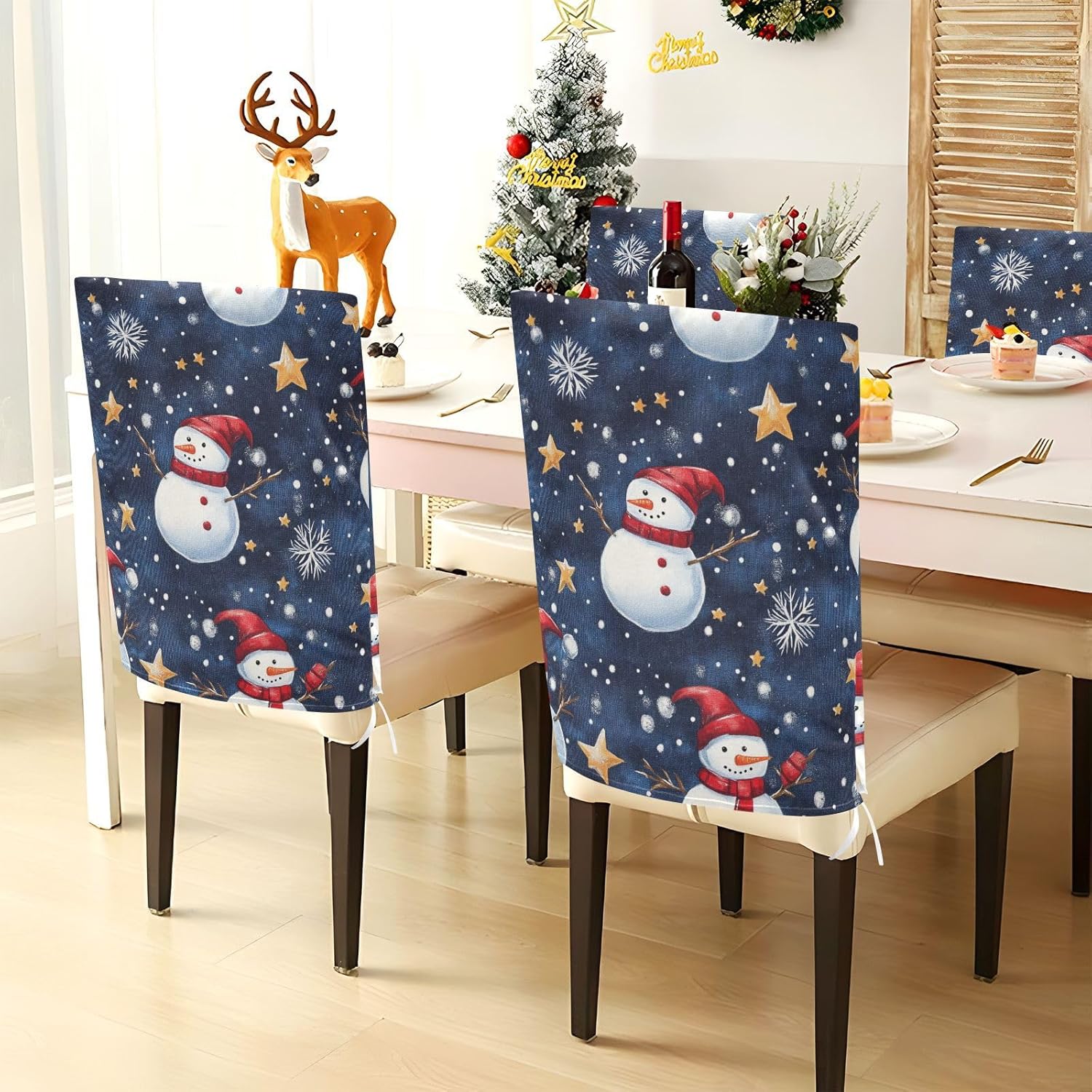 ALAZA Christmas Snowmen and Stars Chair Back Cover Set of 6, Washable Reusable Removable Chair Slipcovers Decorative Chair Cover for Home Kitchen Wedding Party