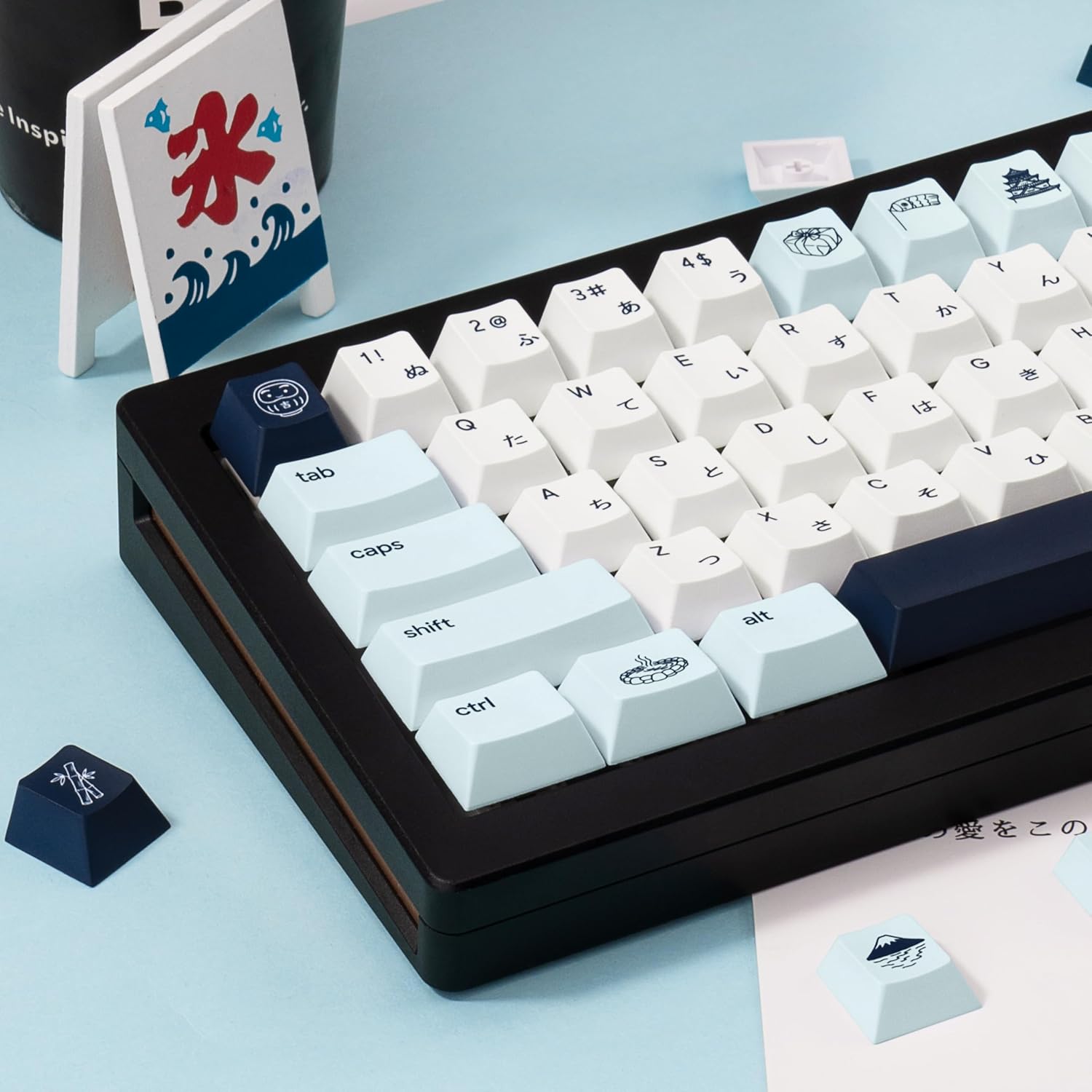 PBT Blue＆White Keycaps, Japanese Kanagawa Keyboard Keycaps image 4