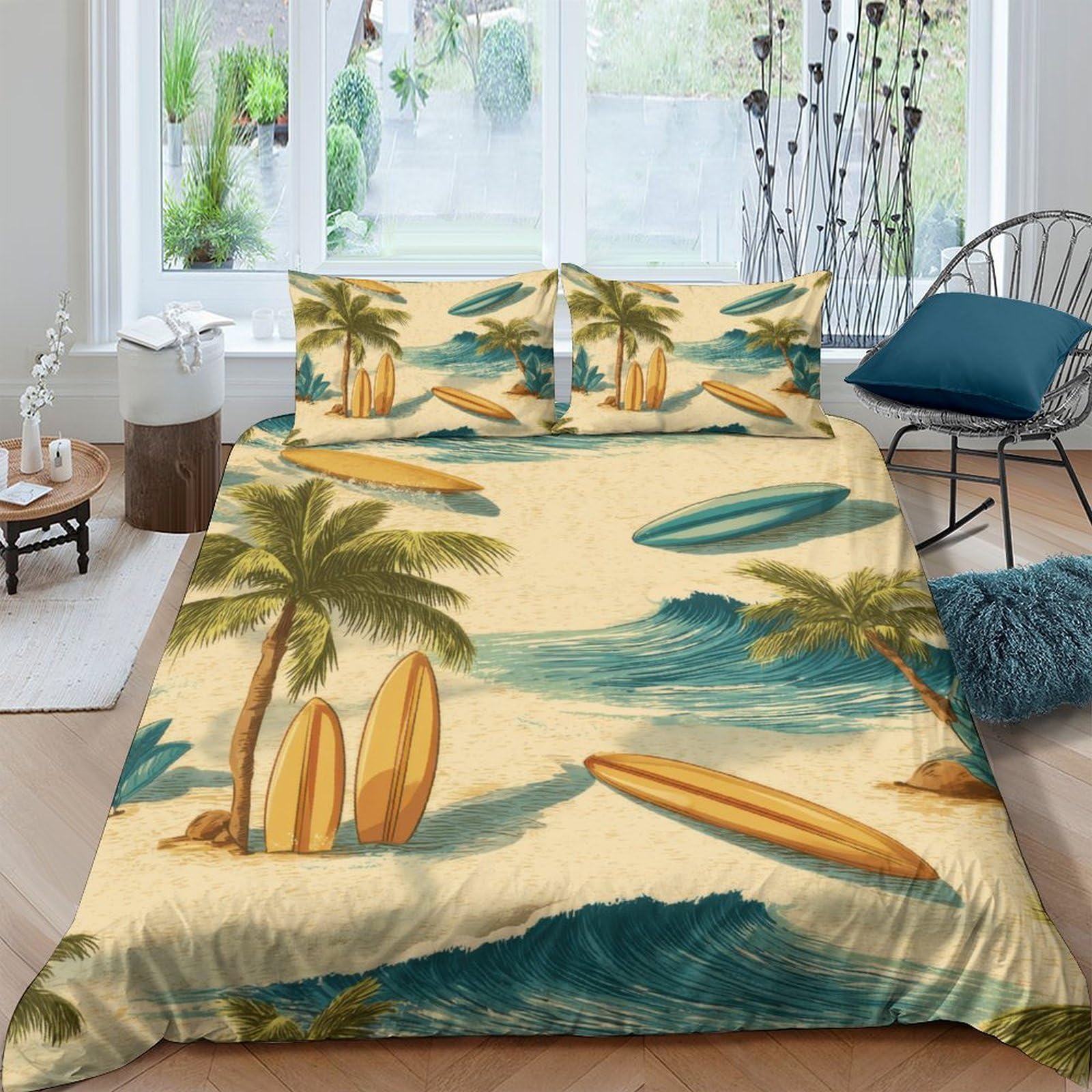 Ctjqhvkz Style-7 3D Printed Tropical Beach Fitted Sheet Microfiber Soft Breathable Palm Surfboard Bed Cover For Bedroom Guest Room Decor Single（135X200cm）