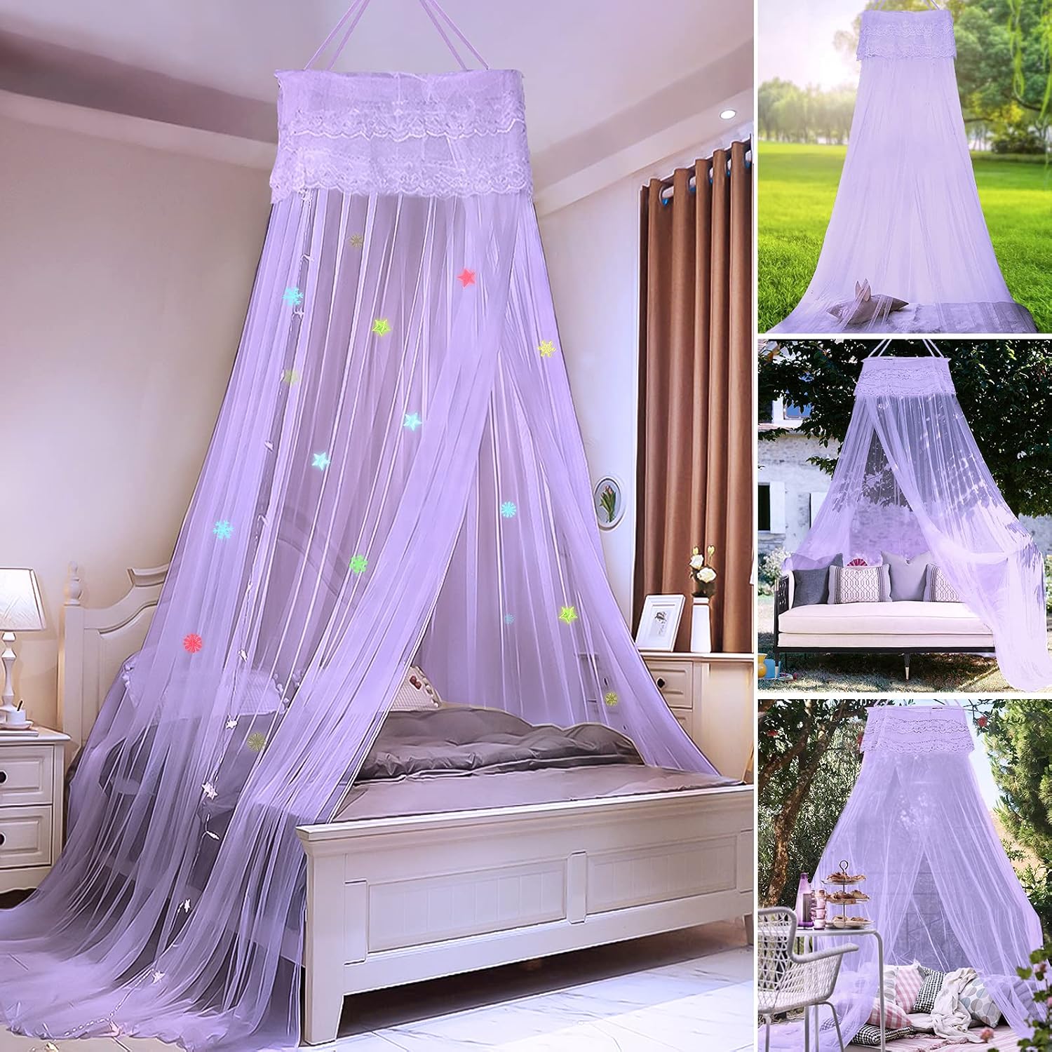 Jeteventy Bed Canopy, with Stars Snowflake Stickers Bed Curtain for Single to King Size Canopy Bed Curtain for Baby Kids Adult Quick Easy Installation for Camping, Patio, Bedroom Decoration (Purple)---100SET