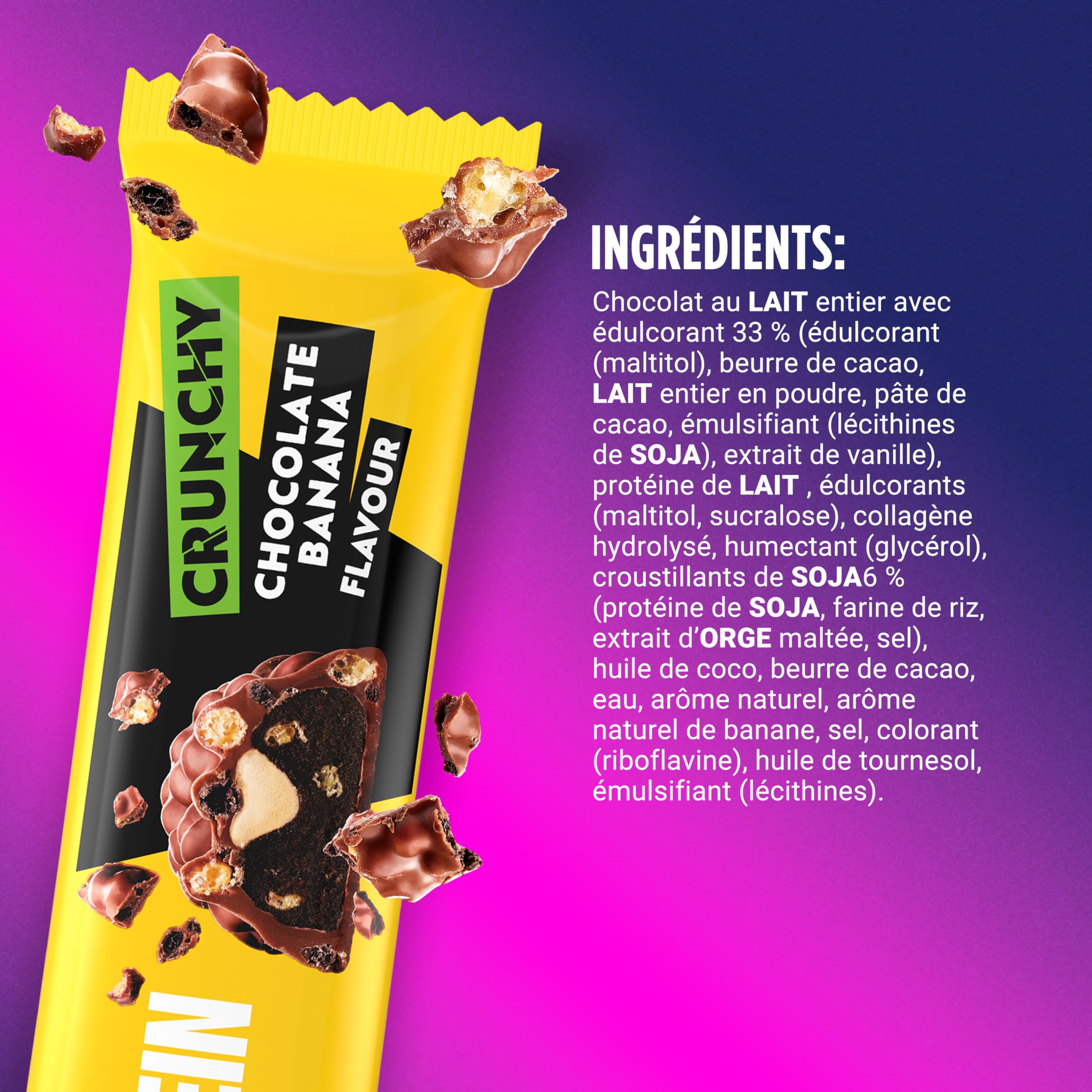Barres protéinées, Corny Protein Crunchy, Chocolat au Lait Goût Banane, Avec collagène, 0% de sucres ajoutés, Pack de 12x45g, Taste the Power