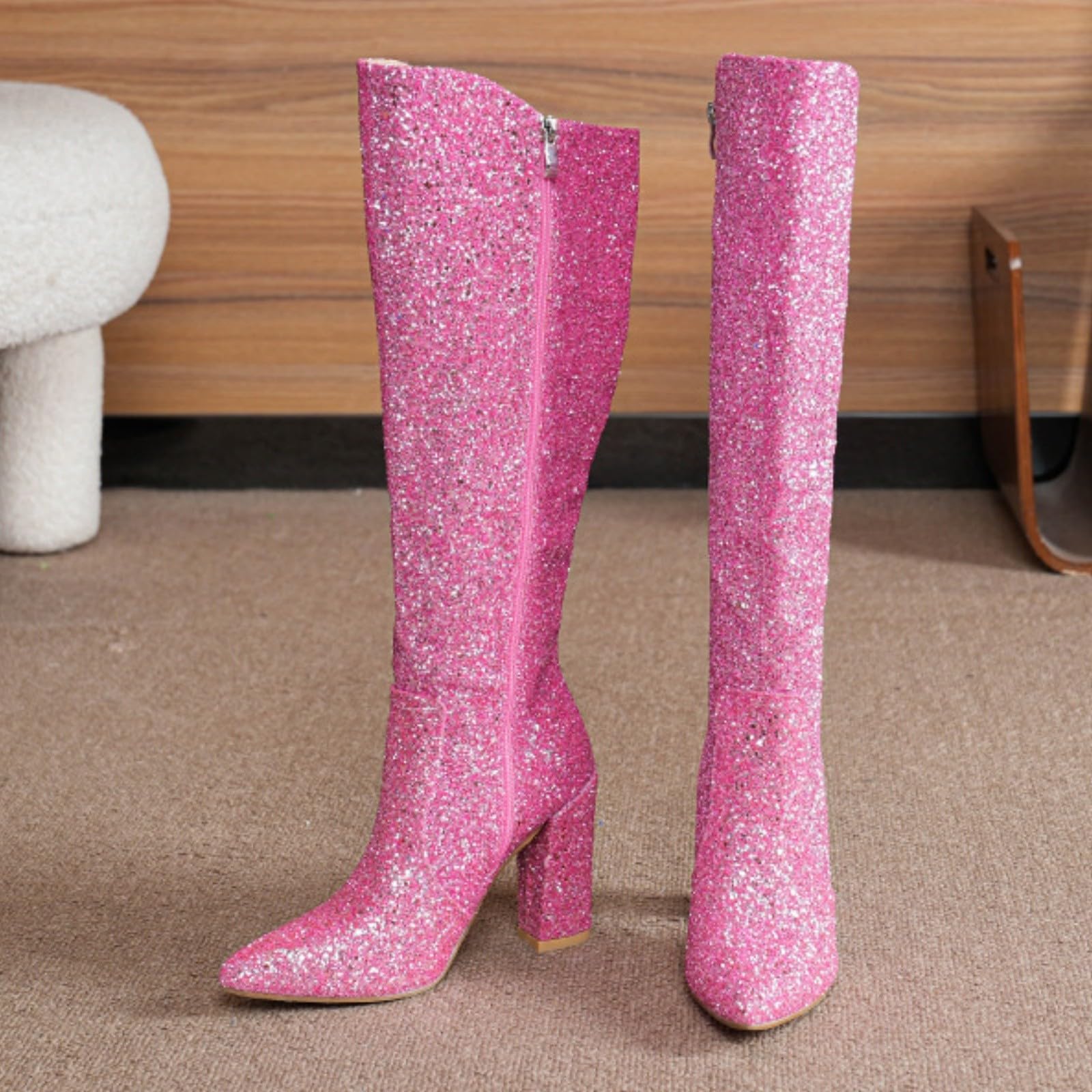 Stivali da donna con tacco glitterato, al ginocchio, con punta