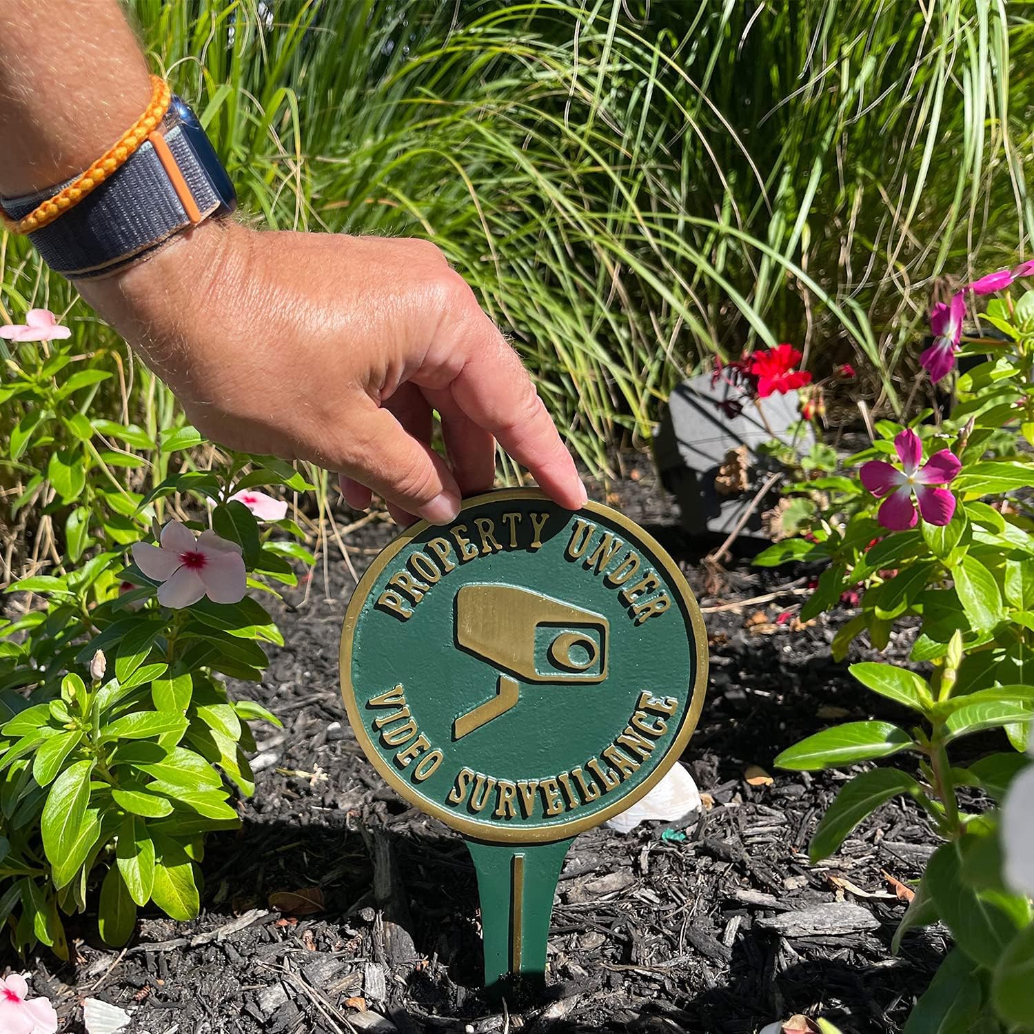 SmartSign “Property Under Video Surveillance” Yard Sign for Lawn/Garden, 9.5 x 5.25 inch, 375 mil Thick Rustproof Cast Aluminum Plaque, Green and Gold