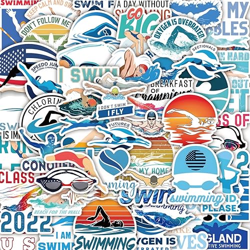 Miniatura 2 de Leisitator 52 calcomanías de natación  Vinilo impermeable para botella de agua, laptop, álbumes de recortes, patineta, automóvil, equipaje, casco