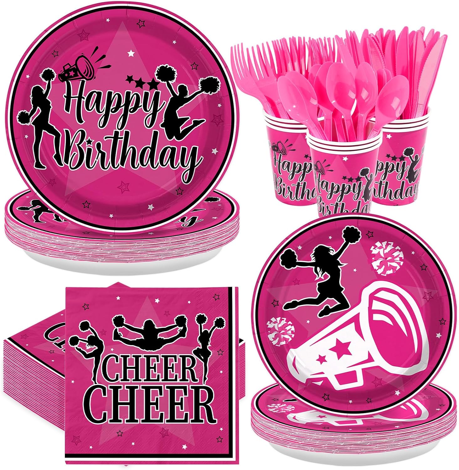 168Pcs Cheer Party Decorations for Girls Black Pink Cheerleader Paper Plates and Napkins Gymnastics Happy Birthday Tableware Set for Girls' Cheerleading Birthday Party Supplies Serves 24