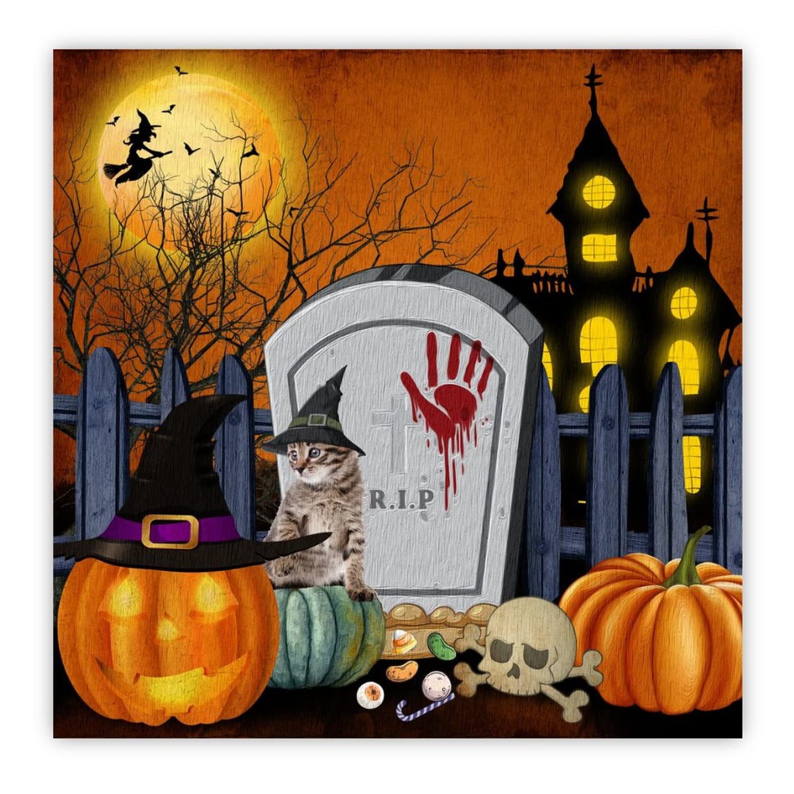 Panneau en bois Halloween avec motifs de chat et sorcieres sculptees