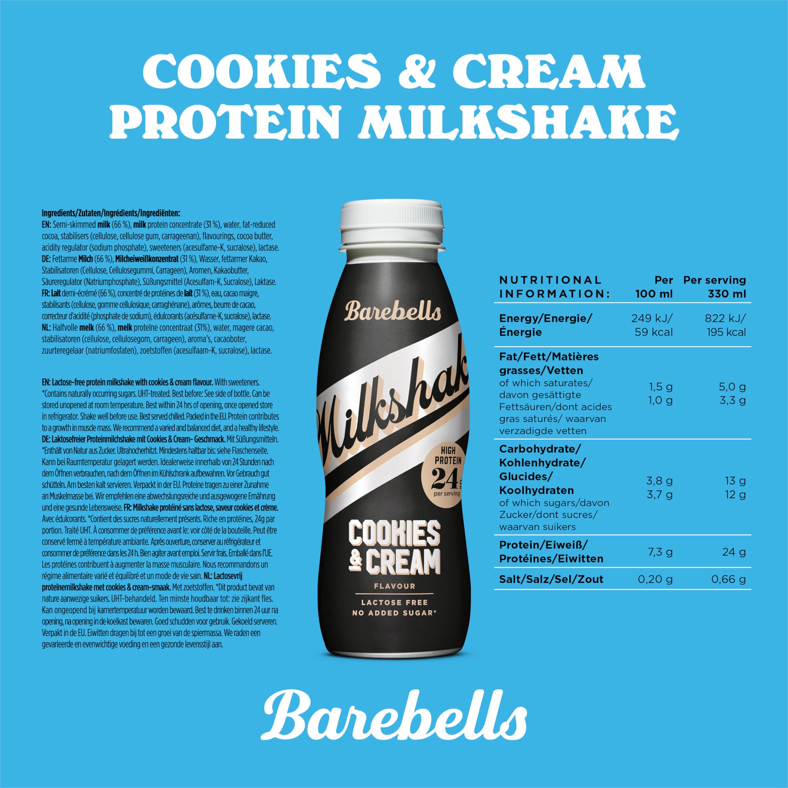 Barebells Shake protéiné – 24 g de milkshake riche en protéines, sans lactose, prêt à boire, faible teneur en glucides – 8 x 330 ml (biscuits et crème)