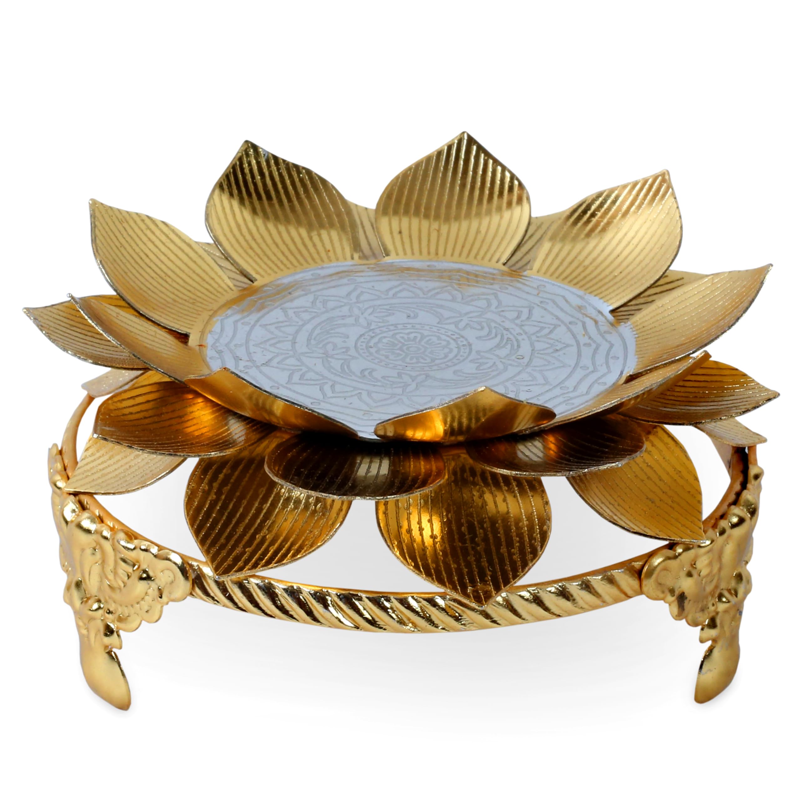 Gold & Silver Lotus Laxmi Stand | Laxmi Stand for Puja | Lakshmi Kuber Yantra | Lotus Chowki 5" | Pooja Accessories | Home Temple | Housewarming | Diwali-image-48