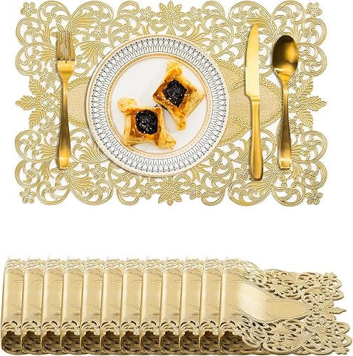 Miniatura 17 de BACKTOEDEN Juego de 6 manteles individuales redondos de color dorado claro, lavables, limpiables, resistentes al calor, manteles individuales de