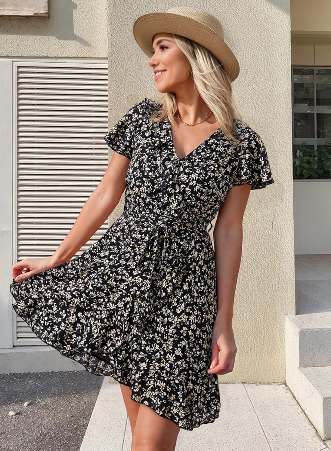 Dokotoo Womens Summer Dresses 2025 Deep V Neck Ruffle Floral Flowy Mini Dress Sundress Vacation Beach Outfits - Image 3