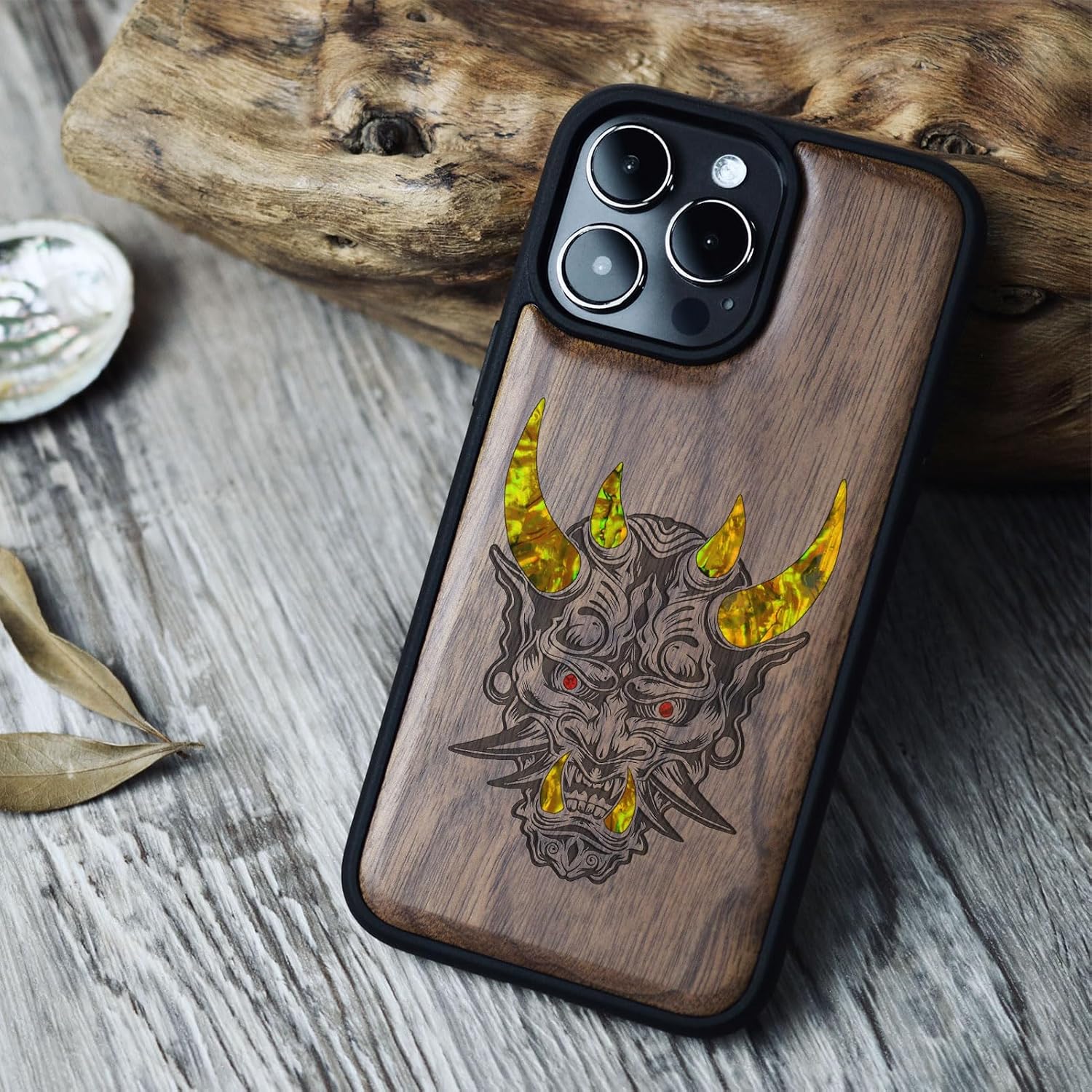 Carveit Designer Wooden Protective Magnetic Case for iPhone 14 Pro Case [Wood Engraving & Shell Inlay] Compatible with 14 Pro MagSafe (Japanese Oni Mask-Walnut)