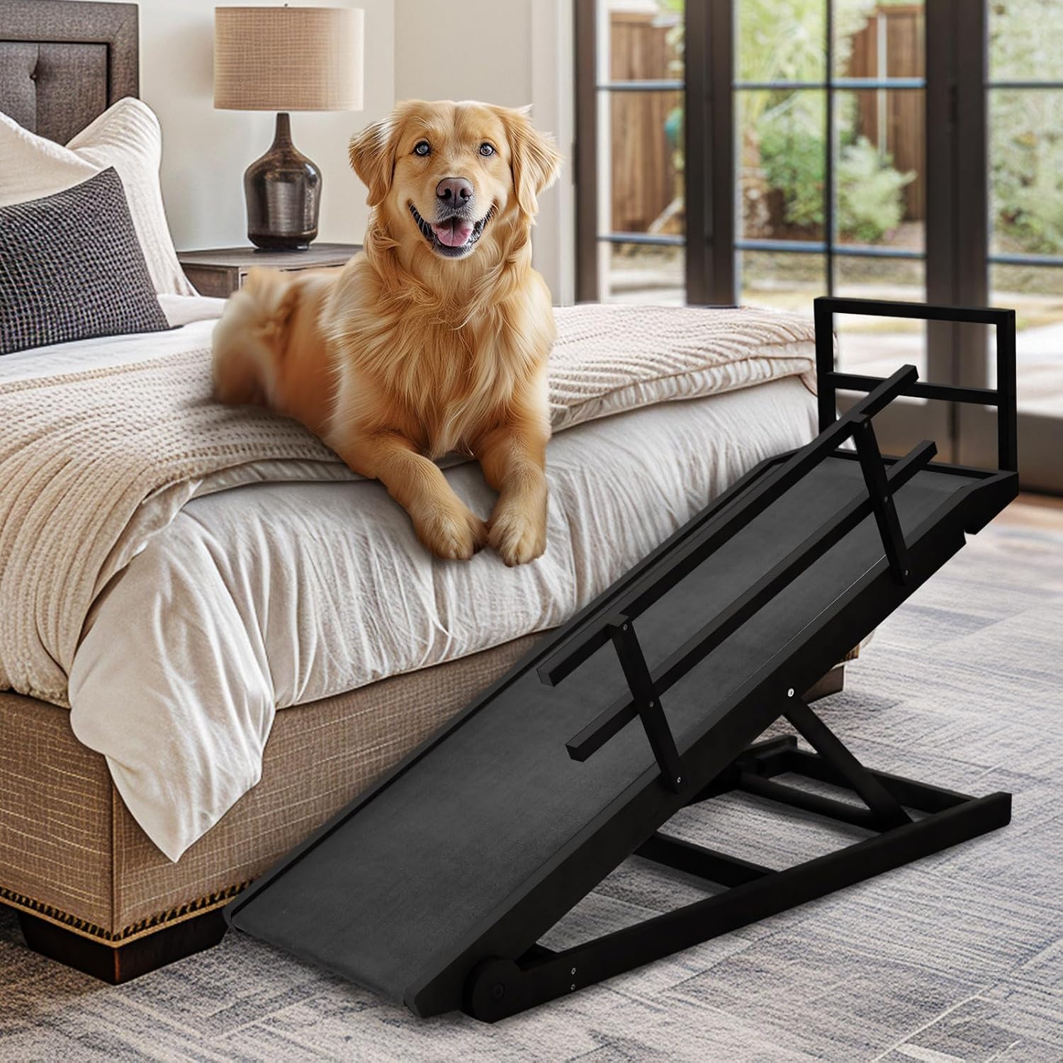 Dog Ramp, 5 Level Adjustable Wooden Folding Pet Ramp for Middle Bed, Couch,SUV-High Traction, Portable Paw Ramps for Small & Large Old Dogs & Cats – Furniture Quality