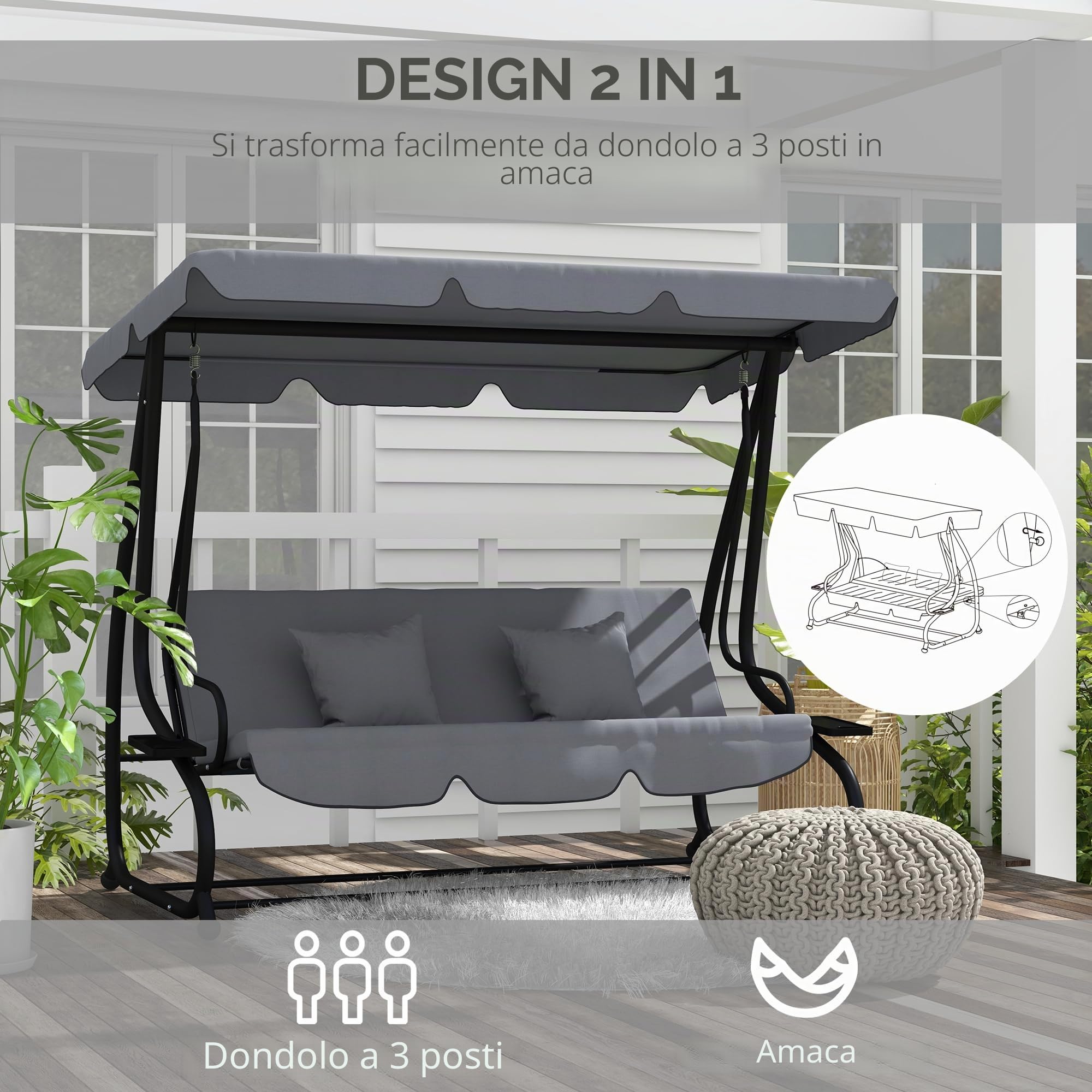 Outsunny Altalena da giardino convertibile a 3 posti Tetto regolabile inclinazione 2 ripiani Supporto 2L x 1,2l x 1,64H m metallo epossidico Nero Poliestere grigio scuro