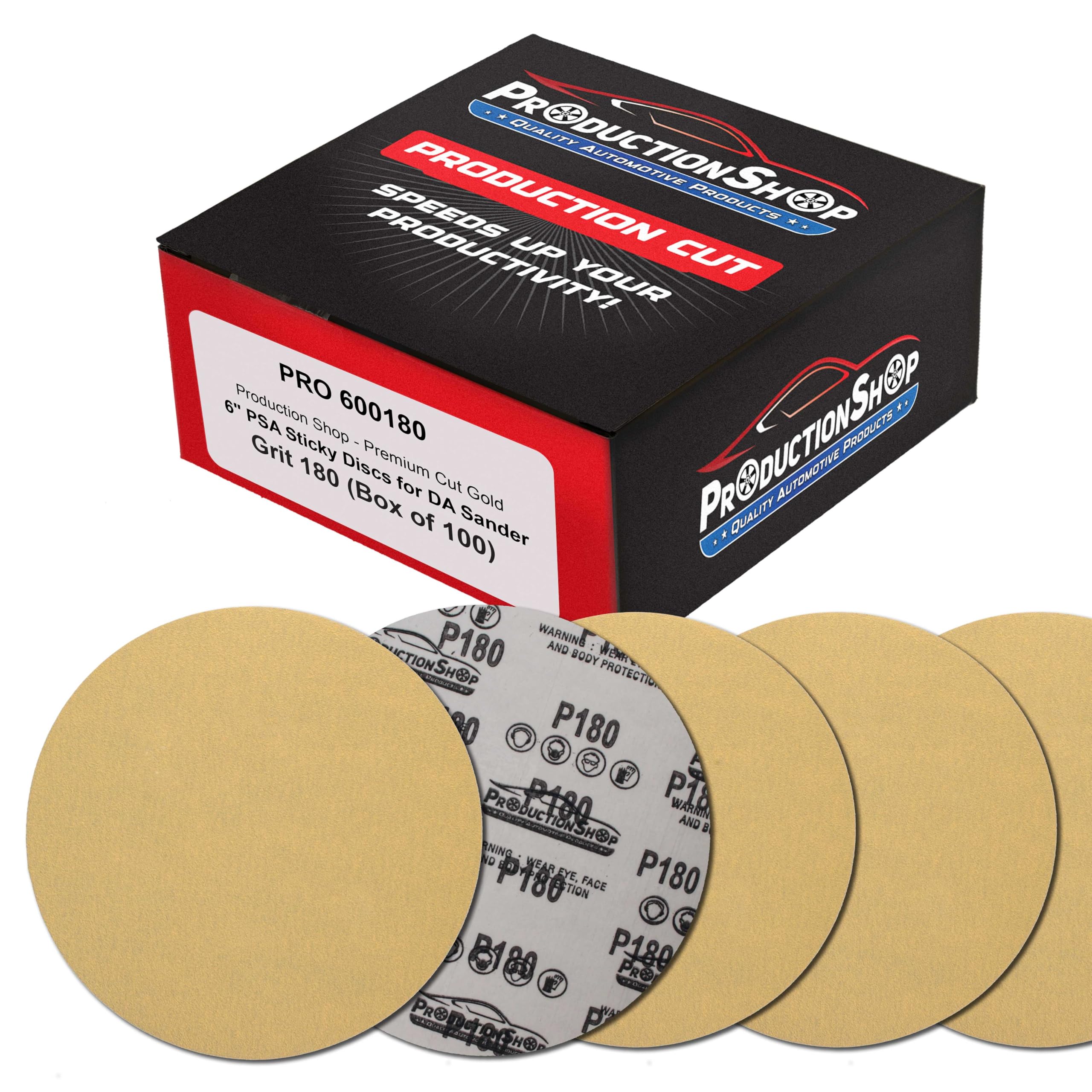 ProductionShop Premium 180 Grit 6" PSA Gold Sanding Discs, Box of 100 - Self Adhesive Stickyback Abrasive Sandpaper for DA & Random Orbital Sanders -
