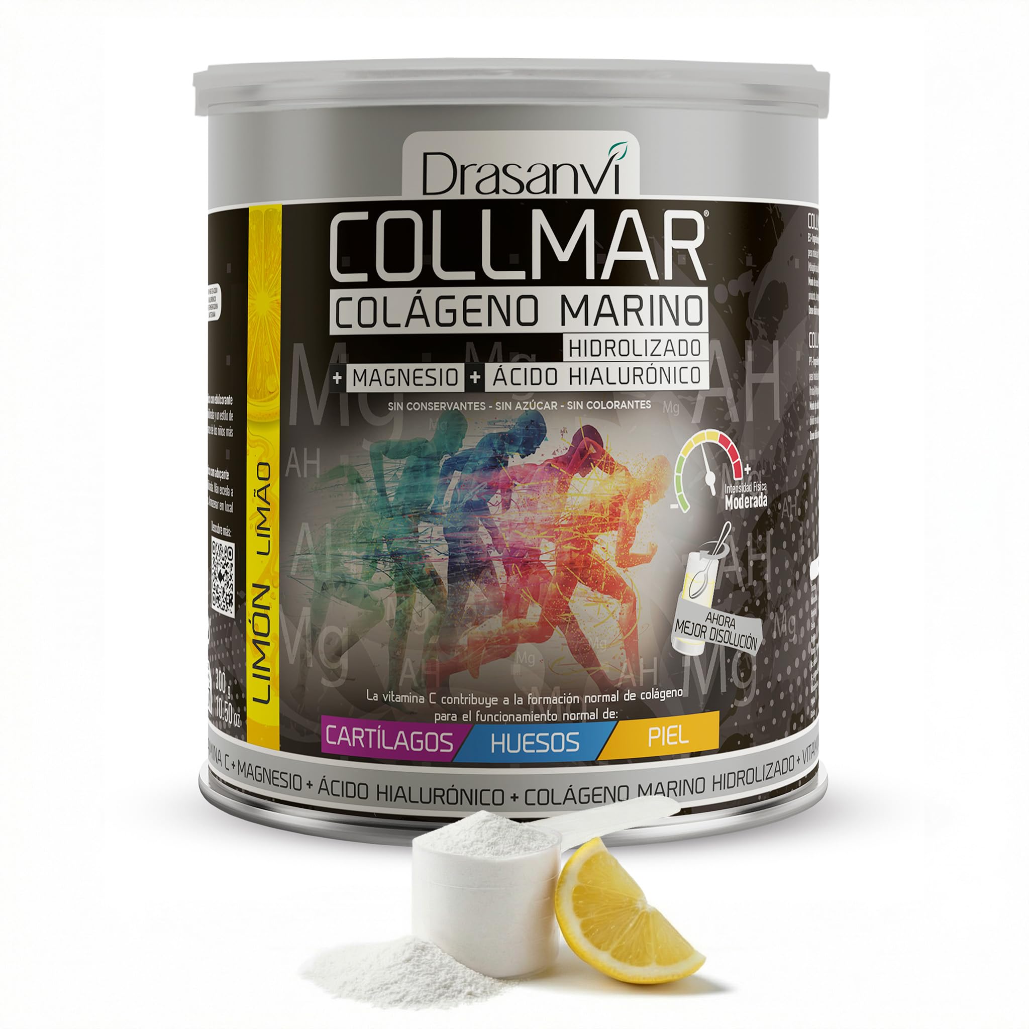 Drasanvi COLLMAR Colágeno Marino Hidrolizado con Ácido Hialurónico, Magnesio, Vitamina C | para Cartílagos, Huesos y Piel |Alta Dosis 9.717 mg/dia |300g de Polvo=28 Días | Sabor Limón