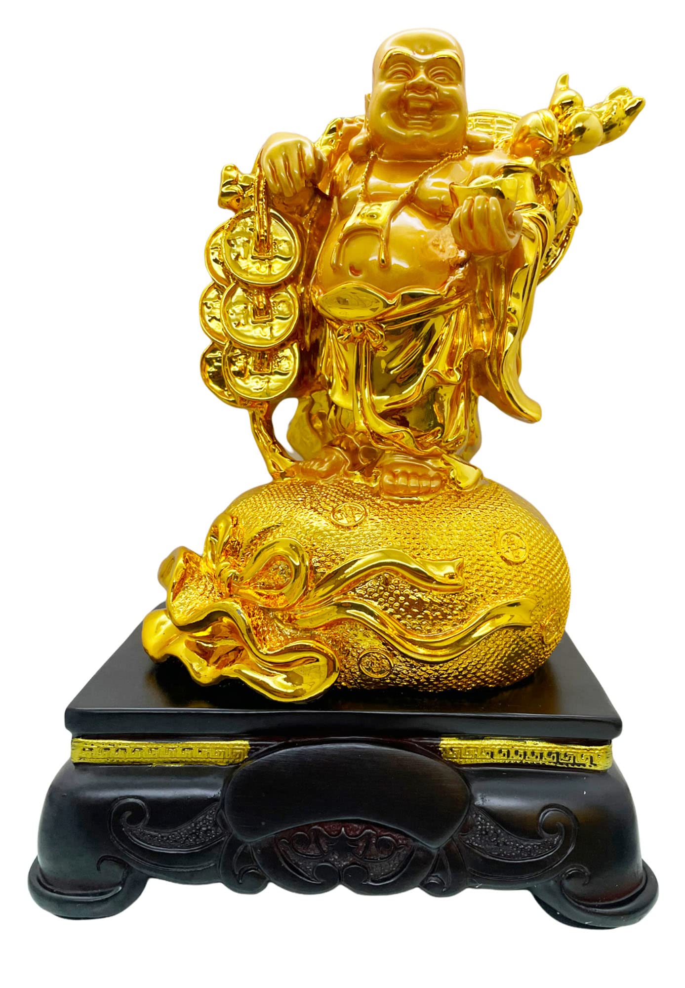 Natchcart Fengshui Exclusive Polyresin Large Size Happy Man with Money Coins, Gold Ingot On Money Bag for Office Decor, Home Decoration (FS-2728)