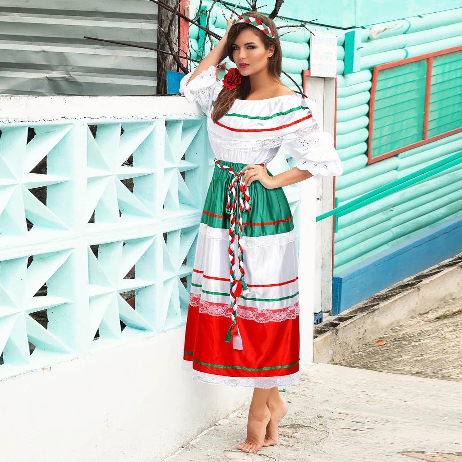 Riyiper Traditional Mexican Dress for Women Fiesta Senorita Costume Spanish Dress with Flower Hair Clip Headband(X-Small) - Image 5