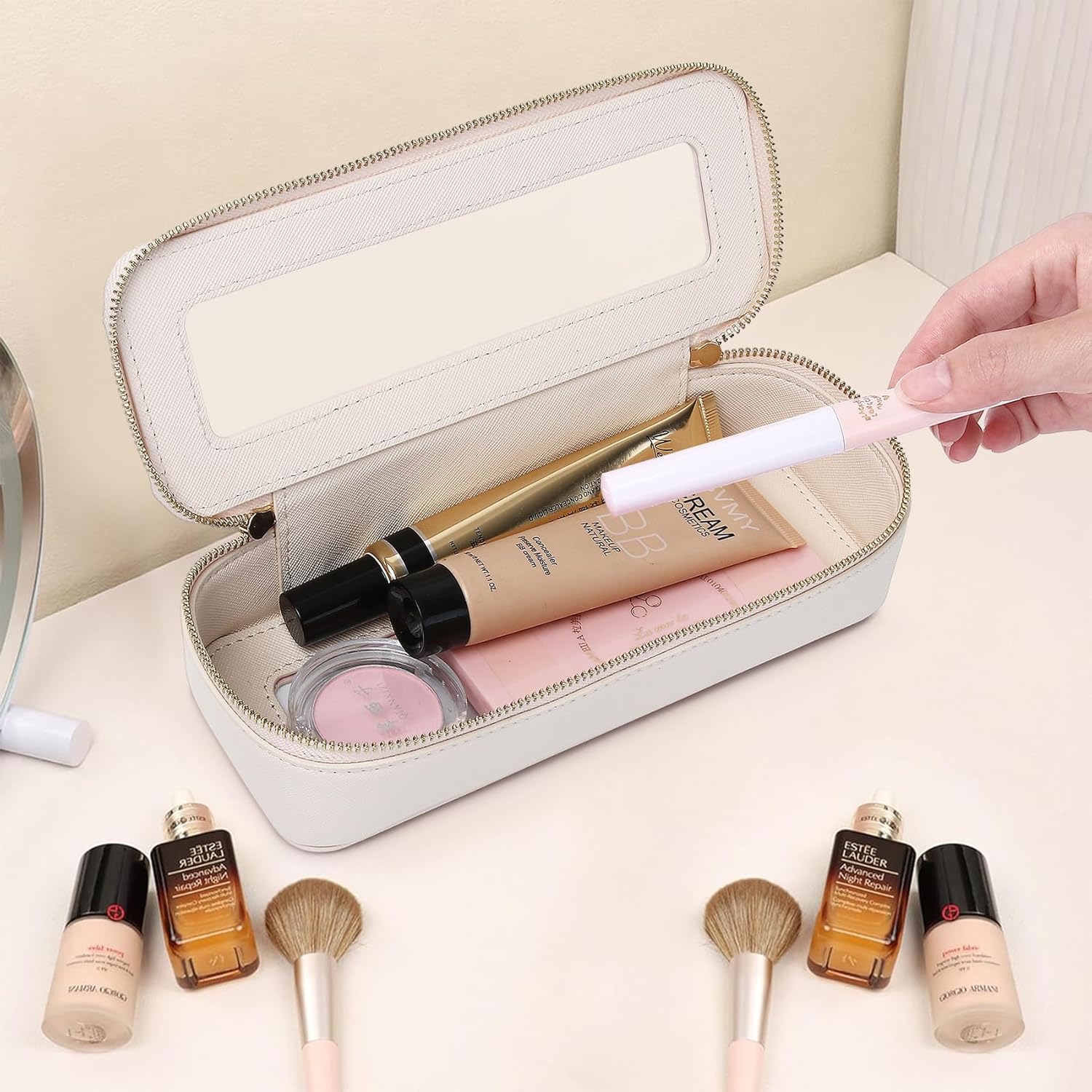 Pinkmik Clear Makeup Bag with Brush Bag Portable Cosmetic Bag Case Travel Toiletry Bag Car Essential for Women (Beige, L+SLIM)