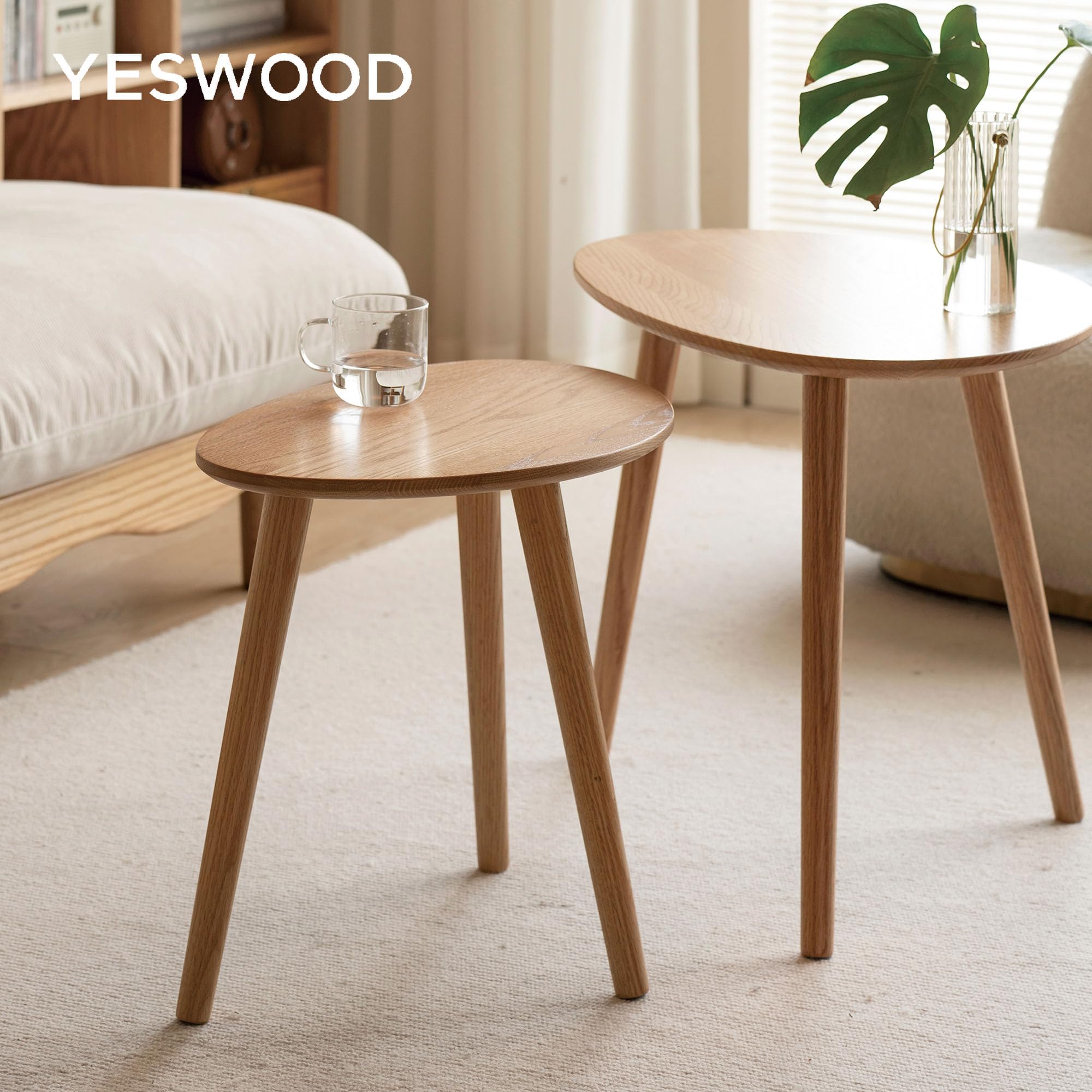 YESWOOD Massivholz Beistelltisch, Couchtische aus Eiche, Ovaler Beistelltisch mit Naturholzbeinen, Kieselsteinform für Wohnzimmer und Balkon, Sofatisch modern, Natur, 34T x 50B x 45H cm