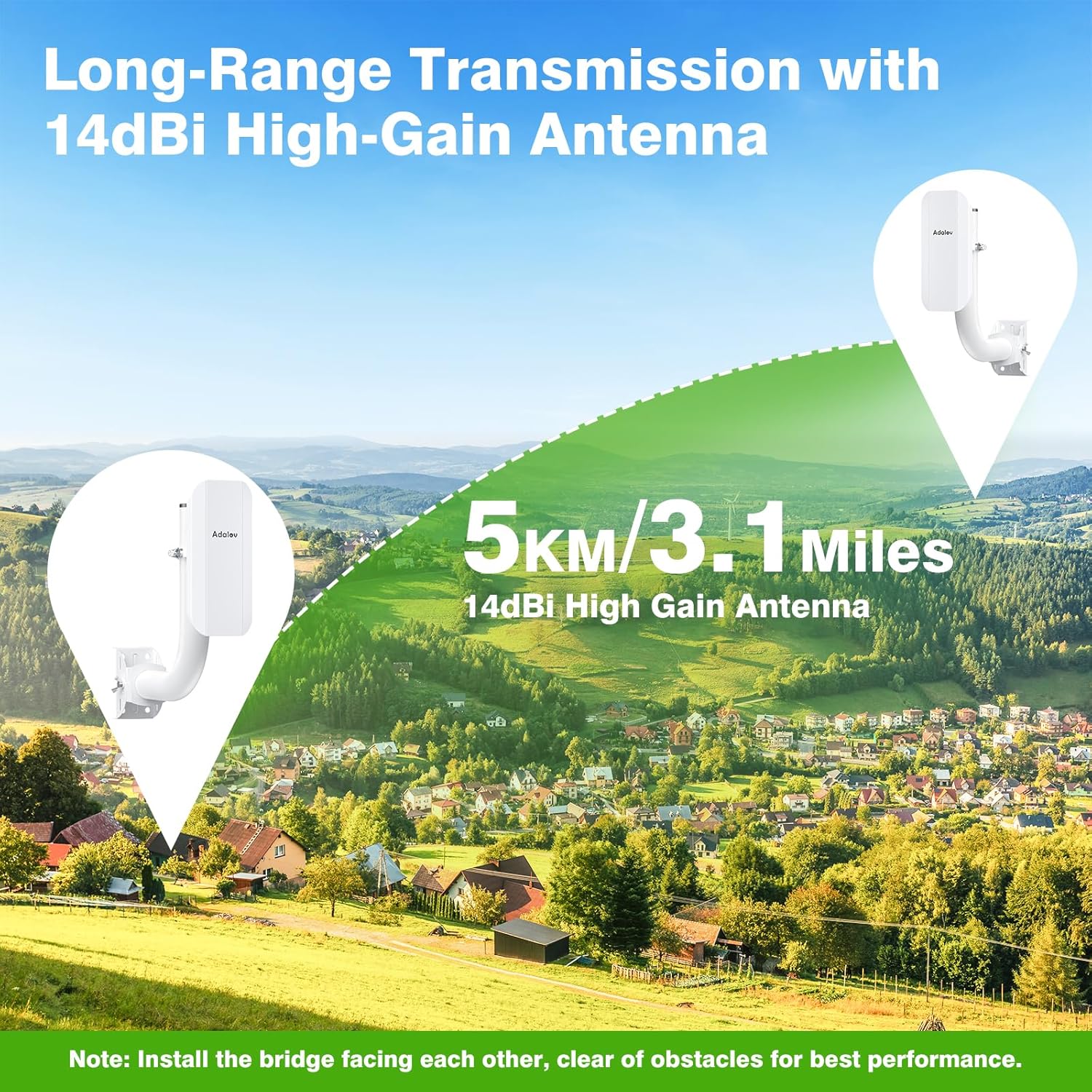 AdaLov CPE362 POE Gigabit Wireless Bridge Support VLAN with 2 Bracket Mounts, 5KM 5.8G Point to Point Outdoor CPE, Long Range PtP/PtMP Bridges for Network Extend, Security Cameras, Plug and Play