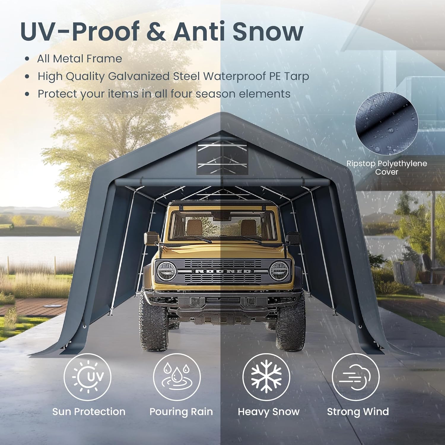 PHI VILLA 8x12x7.3 Outdoor Portable Storage Shelter Shed Garage with 2 Roll up Zipper Doors Vents Carport for Motorcycle Bike Waterproof and UV Resistant Anti-Snow Portable Garage Kit Tent, Gray PHI VILLA 8x12x7.3 Outdoor Portable Storage Shelter Shed Garage with 2 Roll up Zipper Doors Vents Carport for Motorcycle Bike Waterproof and UV Resistant Anti-Snow Portable Garage Kit Tent, Gray