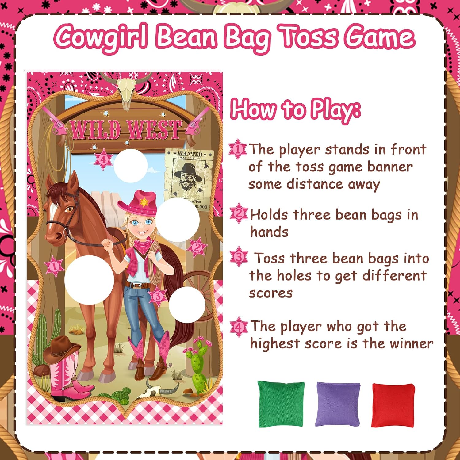 Cowgirl Bean Bag Toss Game Backdrop, Western Cowgirl Cowboy Toss Game Backdrop Pink with 3 Bean Bags Wild West Last Rodeo Birthday Bachelorette Party Decorations Outdoor Indoor Family Class Activity
