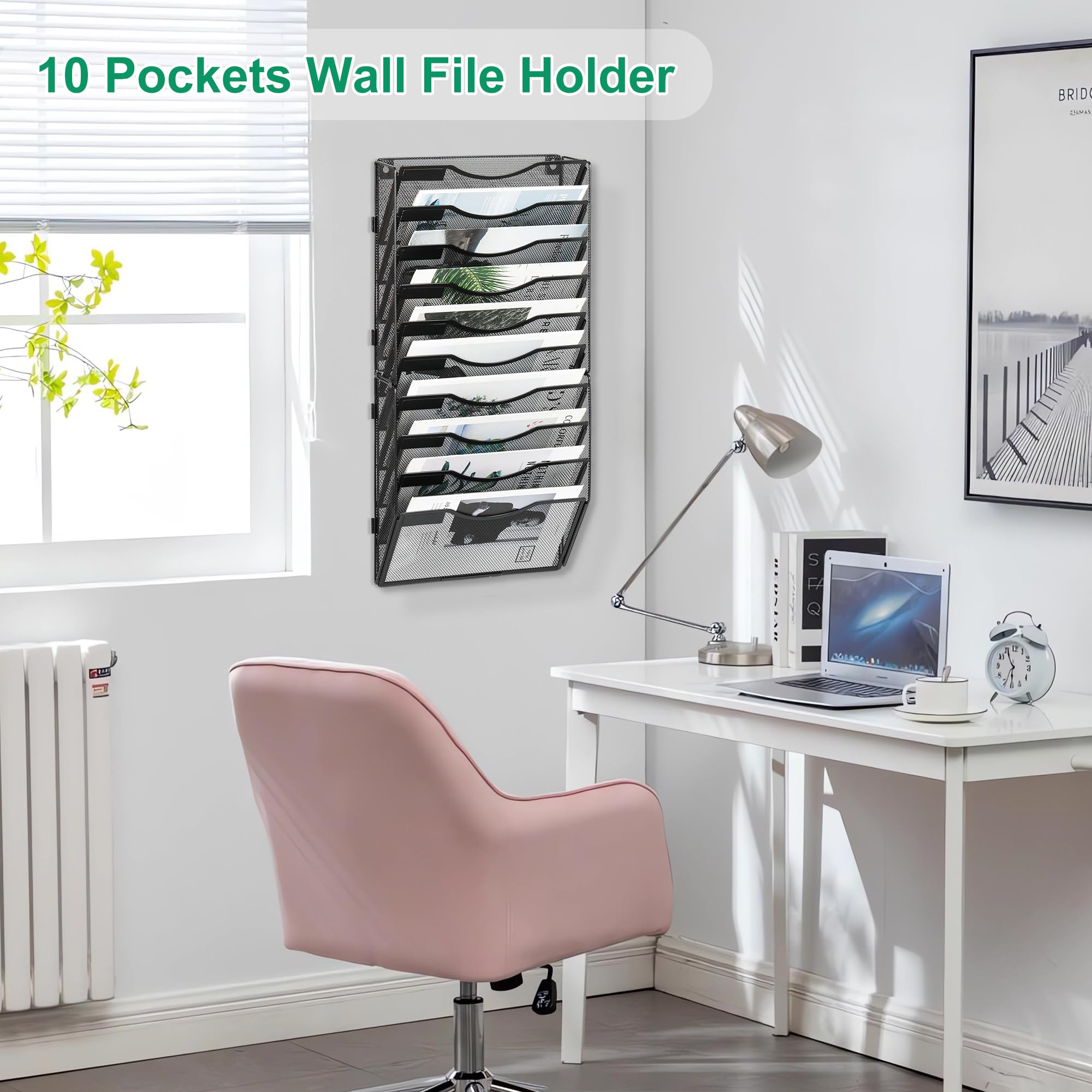 Organizer Documenti da Parete 10 Livelli con Portariviste A4 - Metallo Schedario Ufficio Multifunzione, Portabrochure per Casa e Scuola - Nero