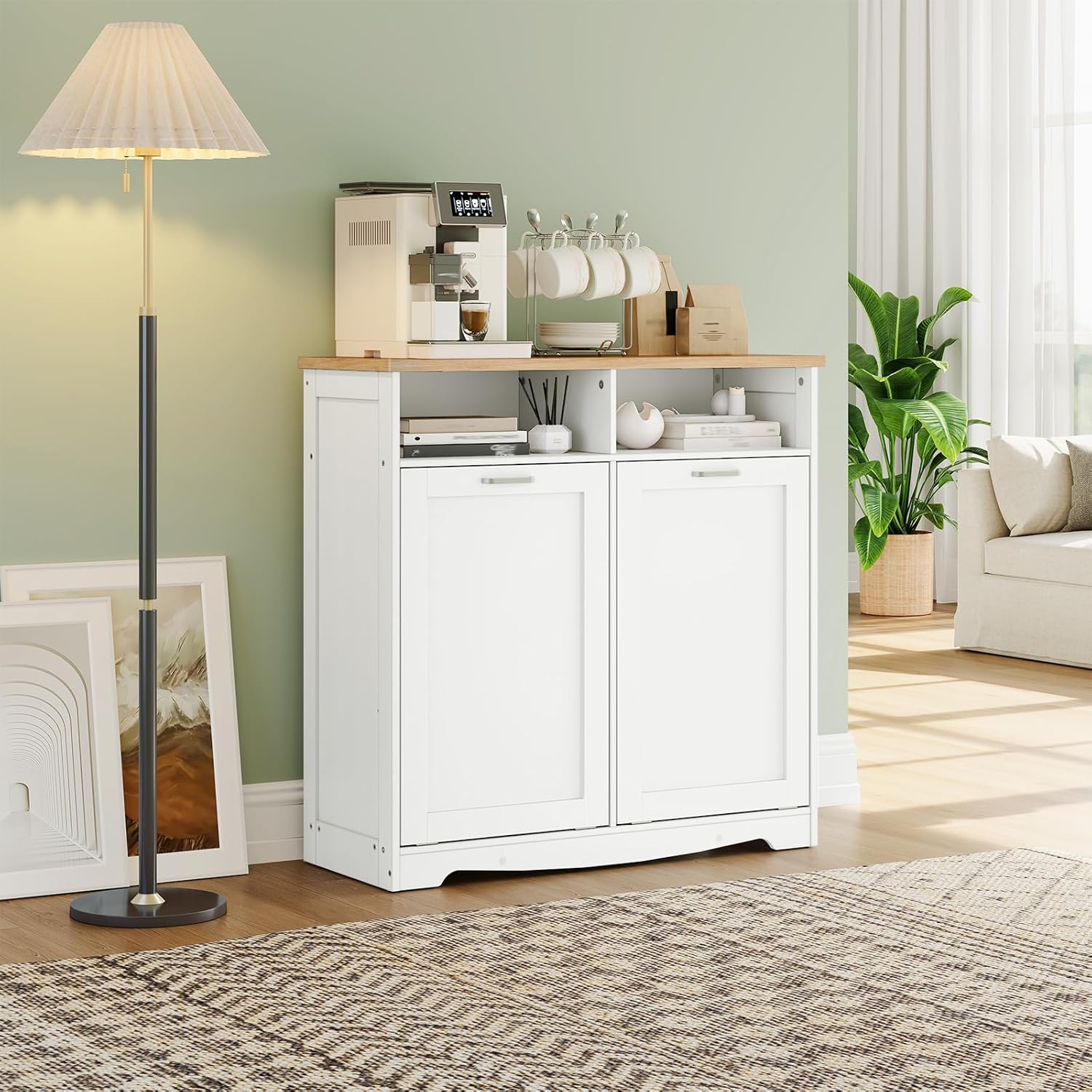 HOOBRO Double Tilt Out Trash Can Cabinet, 20 Gallon Kitchen Trash Bin Cabinet, Hidden Trash Storage with Open Compartments, Hidden Laundry Hamper, for Kitchen, Laundry, White and Natural WN04LJ01