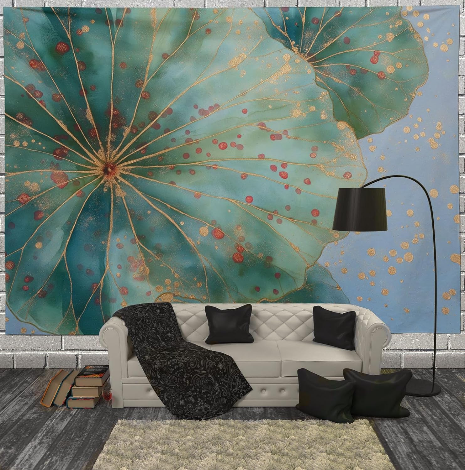 Arazzo da Parete Foglia Loto Acquerello 240x260 cm Arazzo Extra Grande Verde con Stampa 3D Decorazione da Parete per Camera da Letto, Soggiorno e Dormitorio a/6856