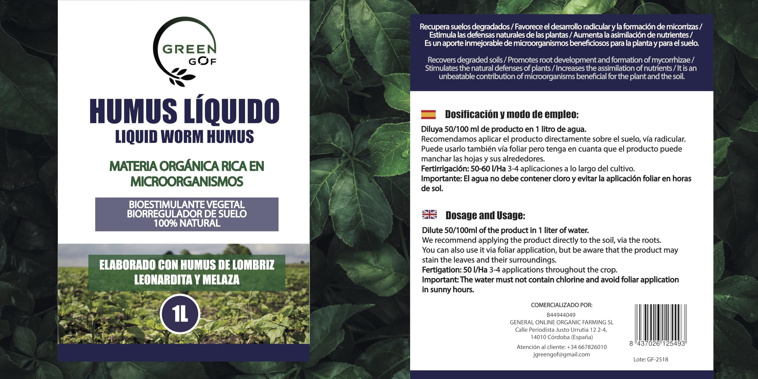 GREENGOF Humus Líquido de Lombriz Premium 1L. Enriquecido con Leonardita y Melaza. Fertilizante Rico en Microorganismos. Acelera el crecimiento de las Plantas. Aumenta el tamaño y cantidad de Frutos.