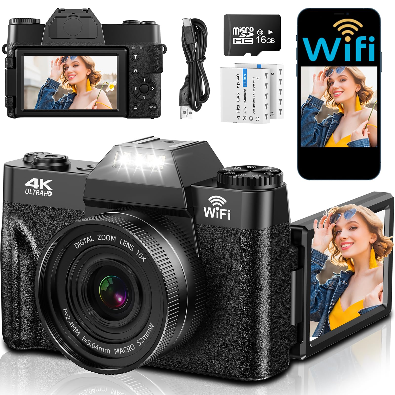 Fotocamera digitale 4K 75MP con Wi-Fi, display pieghevole da 3" a 180°, fotocamera con messa a fuoco automatica | Scheda Micro SD e 2 batterie da 1500 mAh, fotocamera vlogging, zoom digitale 16X, per principianti, adolescenti, adulti