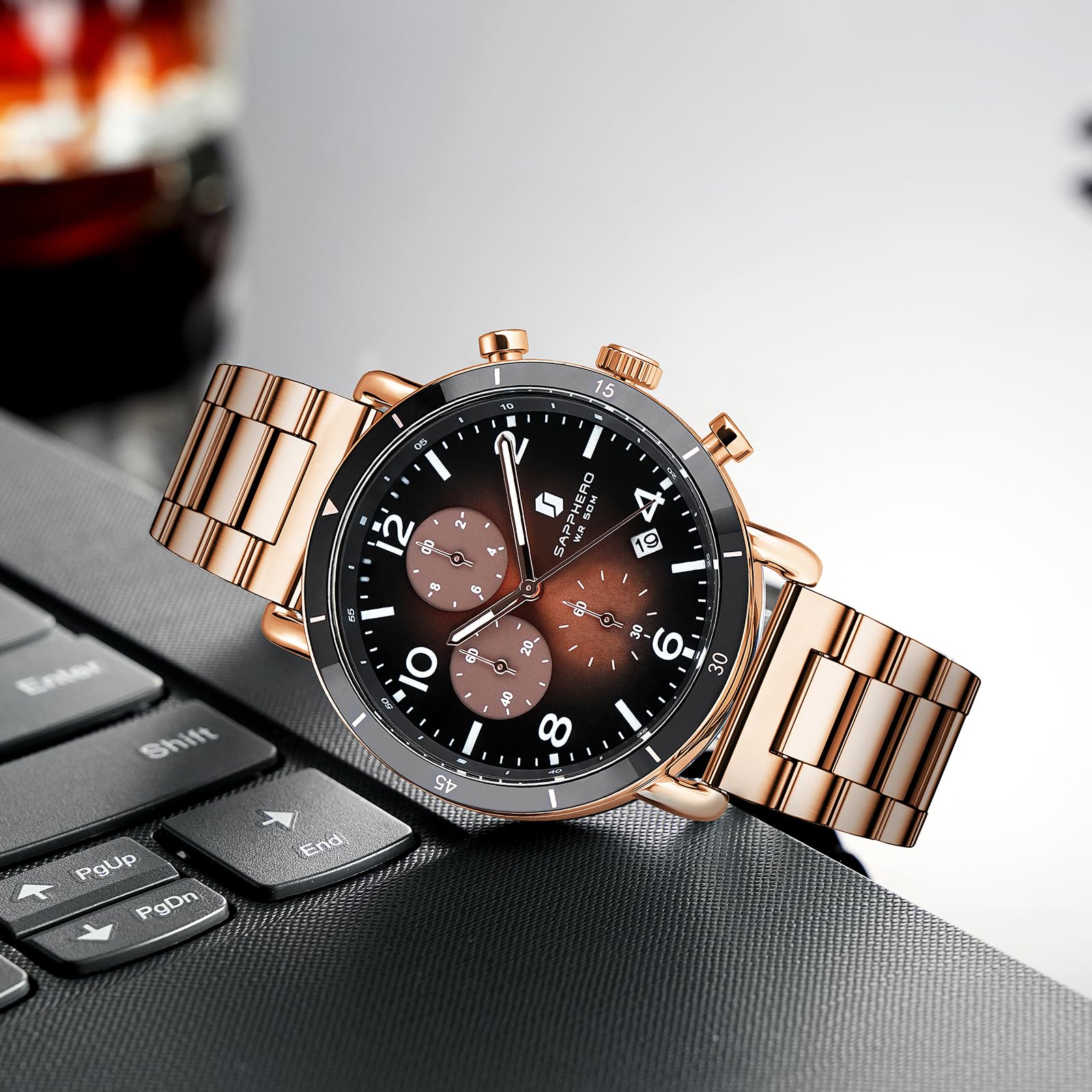 SAPPHERO Uhren Herren Chronograph Herrenuhren Analog Quarz Leuchtende Zeiger, Datum, Lässig Business Armbanduhr, Klassisches Design, Elegantes Geschenk