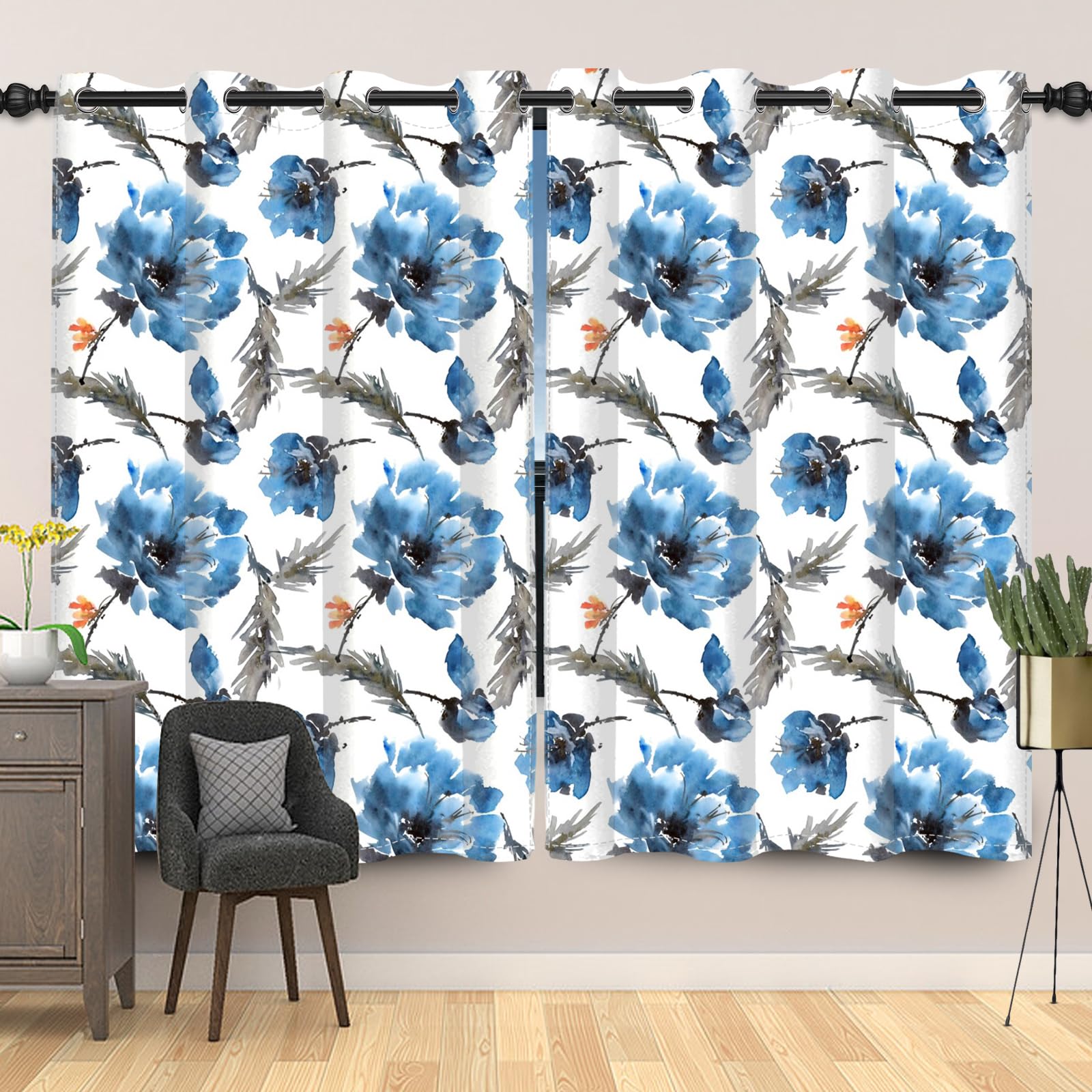 Bovlleetd Blue Floral Window Curtains Ink Print Window Drapes Blossom Watercolor Romantic Ink Painting Vivid Botanical Bedroom Curtains 46 x 72 Inches (Width x Length) Set 2 Panels