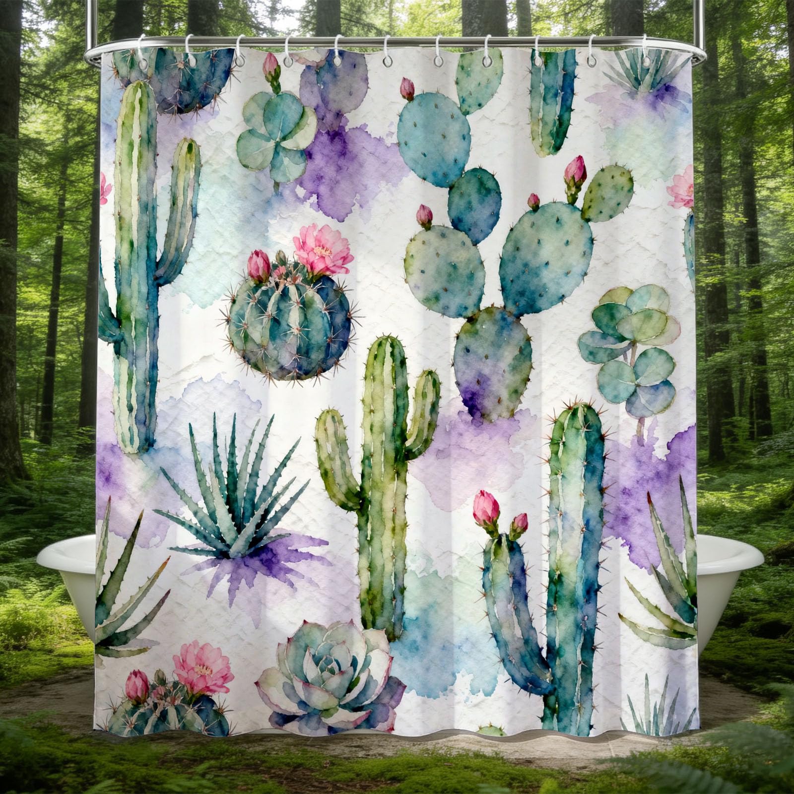 Hongduo 3D Cactused Shower Curtain for Stalls Bathtubs Desert Plants Bathroom Decor Shower Curtain Set Polyester Fabric Waterproof 180x180cm/71X71 Inch with Hooks