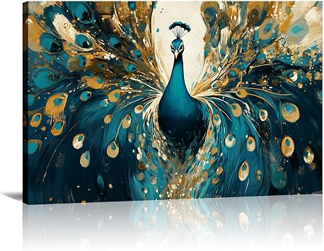 Peacock Wall Art - Green and Gold Peacock Picture Canvas Prints Animal Painting Prints Modern Artwork for Living Room Bedroom Home Office Wall Decor Framed - 20.00"x30.00"