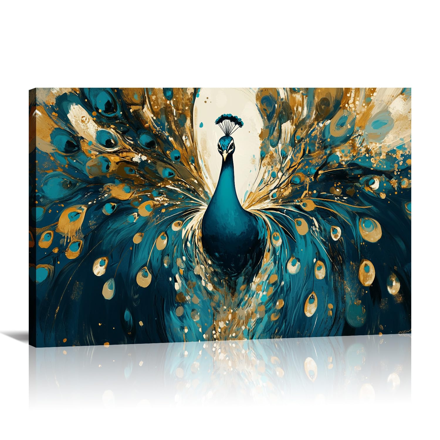 Large Peacock Wall Art - Green and Gold Peacock Picture Canvas Prints Animal Painting Prints Modern Artwork for Living Room Bedroom Home Office Wall Decor Framed(Peacock-6,28.00"x42.00")