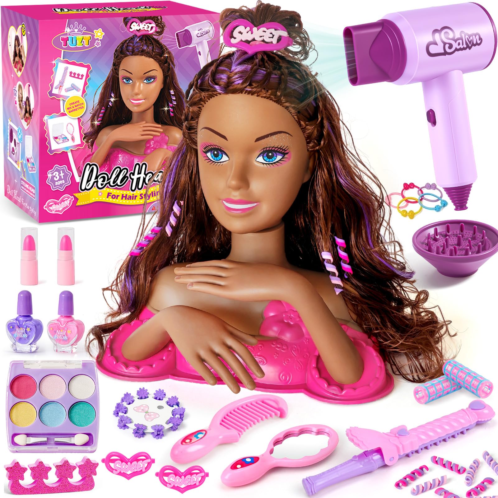vamei Hairdressing Head Doll, Styling Toy with Hairdryer, Beauty Accessories, Salon Kit & Nail Tools, Pretend Play Makeup Set for Girls, Perfect Beauty Salon Gift for Girls 3 4 5 6 7 8 Years Old