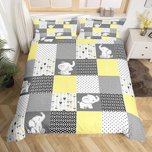 Bonita funda de edredón de elefante, juego de ropa de cama con diseño de rayas geométricas para niños, amarillo, gris, blanco, para decoración de