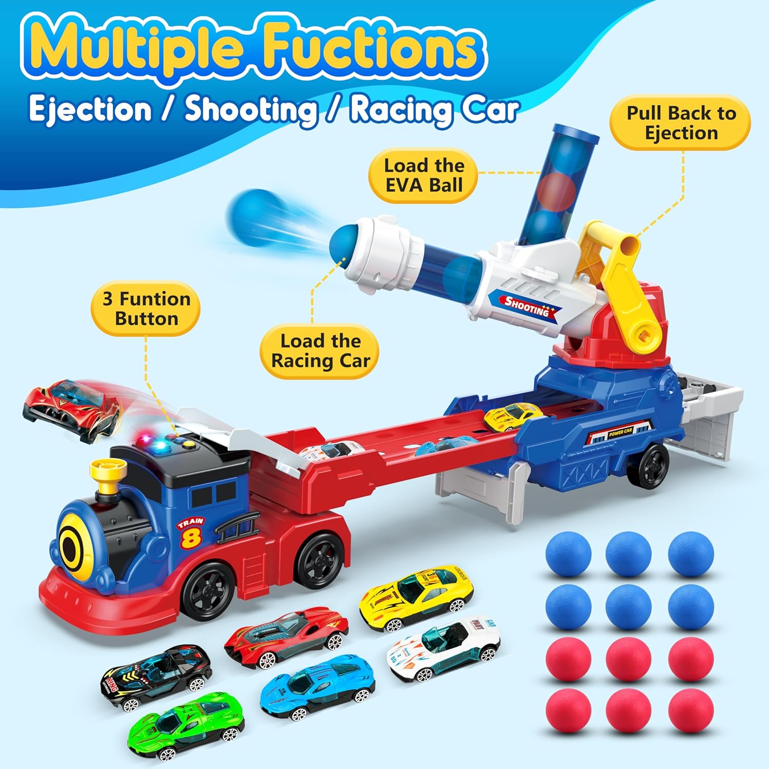 Semi Truck Toys for Boys 4-6 w/12 EVA Balls & 6 Alloy Cars, Eejection & Shooting Transport Trucks Toy Train Set for Toddlers 2-4 w/Light & Sound, 28" Large Car Toys for Toddlers 1-3, Gifts for Kids 3+