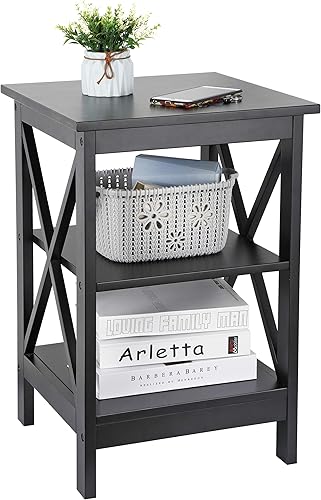 Miniatura 5 de Juego de 2 mesas auxiliares cuadradas con almacenamiento de 3 niveles, mesas auxiliares pequeñas de 16 x 16 pulgadas, mesas de noche de madera con