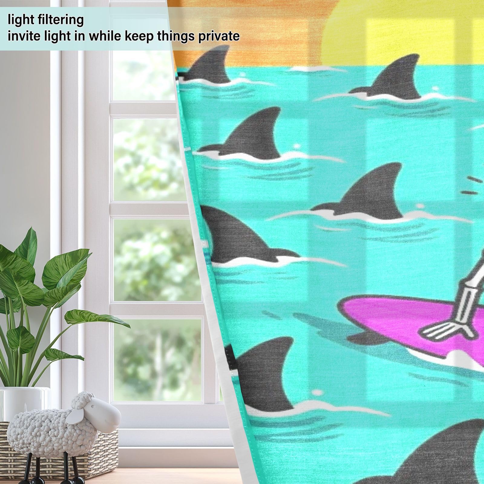Cortinas decorativas cortas para ventana, esqueleto, tiburones, verano, surfista, 63 pulgadas, juego de 2 paneles