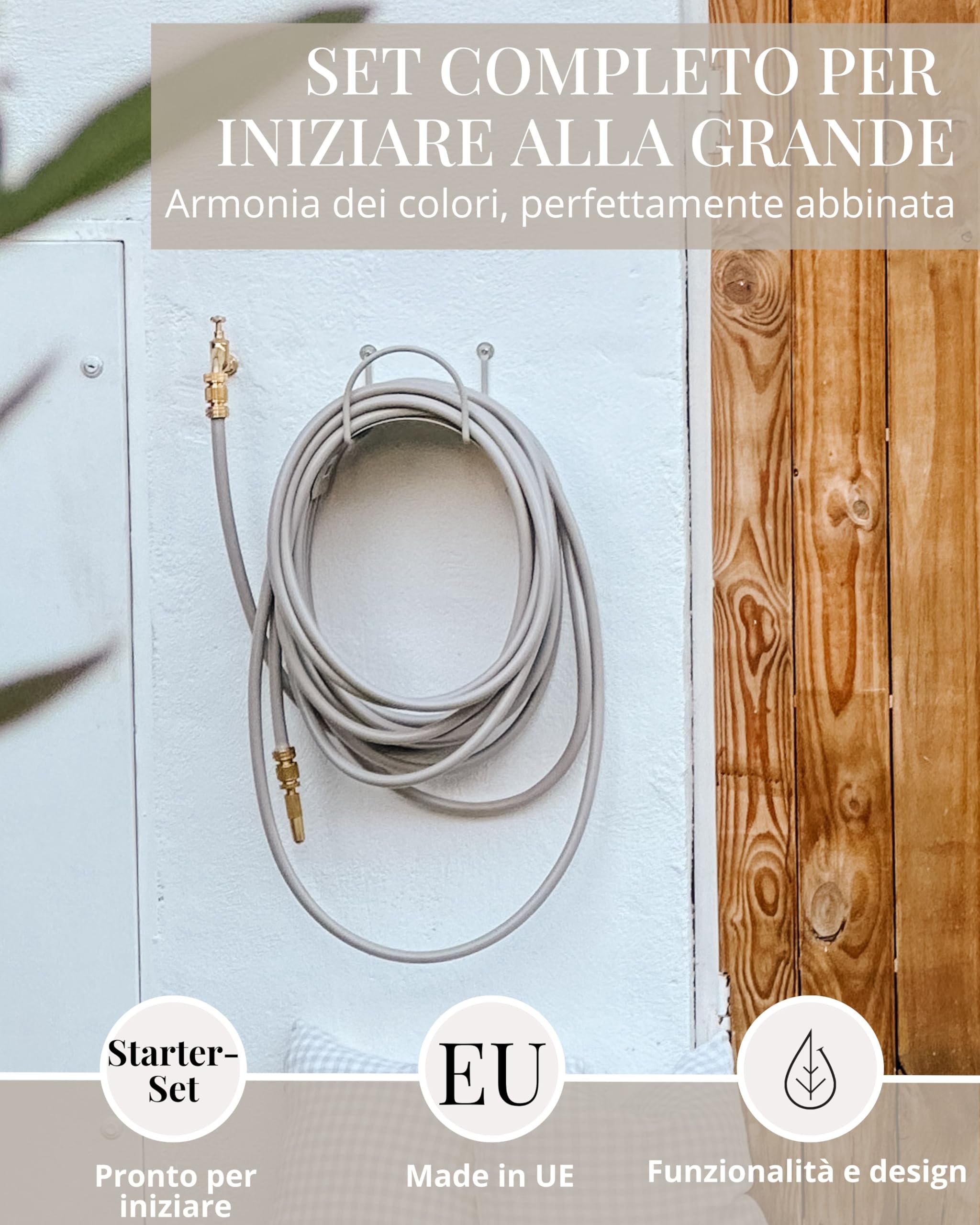 LIVLIG - Tubo da giardino da 20 m, tubo flessibile di alta qualità con supporto per tubo e siringa da giardino in ottone, tubo di irrigazione con attacco per tubo da 1/2", set di irrigazione in greige