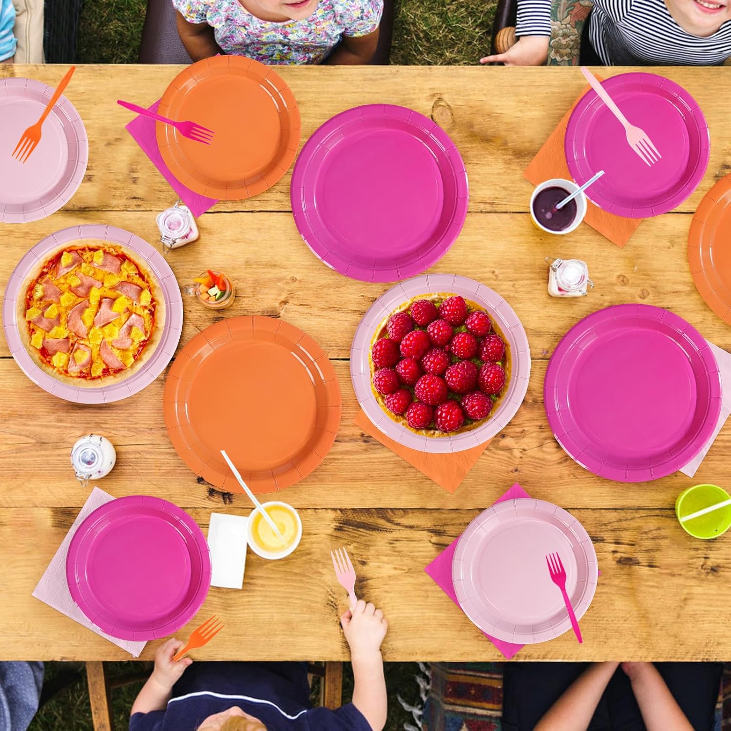 Grencian Pink and Orange Party Decorations Supplies - 96Pcs Solid Color Paper Plates and Napkins Neon Disposable Hot Pink Orange Tableware Sets for Sunset Theme Birthday Party Decorations Serves 24