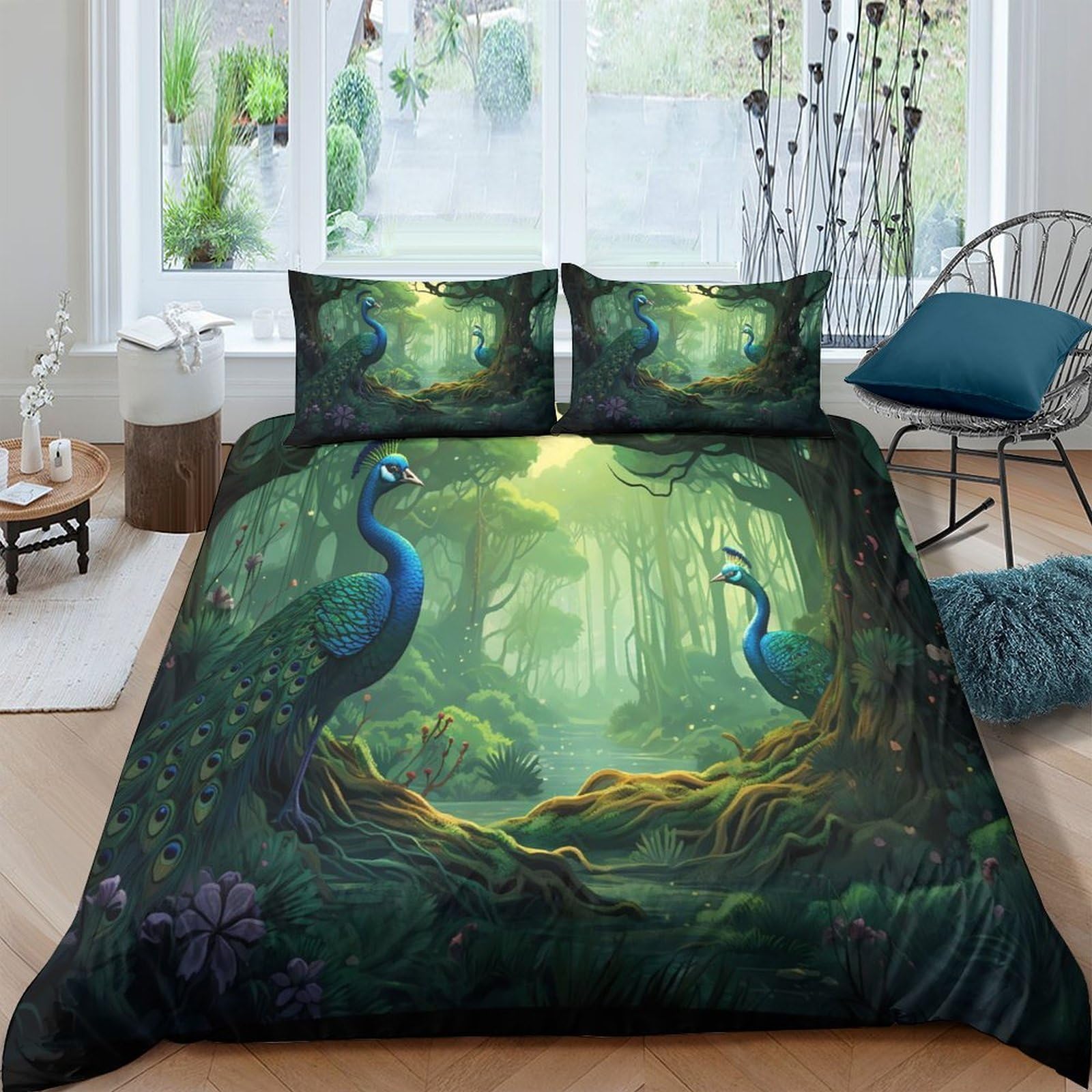 GPLZQXKJNH 3D Printed Enchanted Forest Peacock Duvet Cover Microfiber Soft Breathable Fantasy Bedding Set with 2 Pillowcases for Bedroom Decor Single（135x200cm）