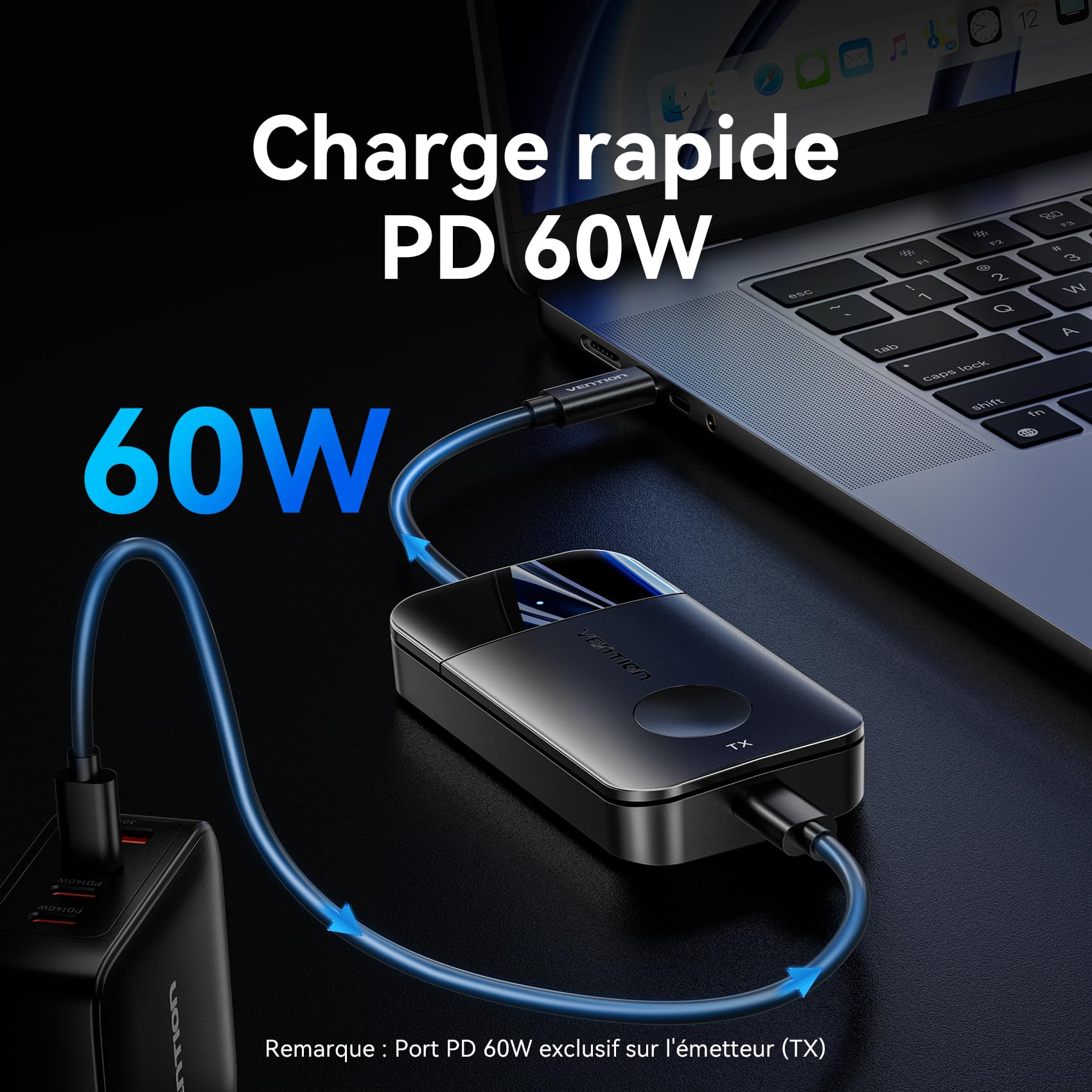 VENTION HDMI sans Fil 4K 50m, Transmetteur HDMI sans Fil 5G 165FT, Émetteur Récepteur Transmission Charge Rapide USB-C 60W Compatible PC Portable, Ordinateur, TV, Projecteur, Moniteur, Tablette