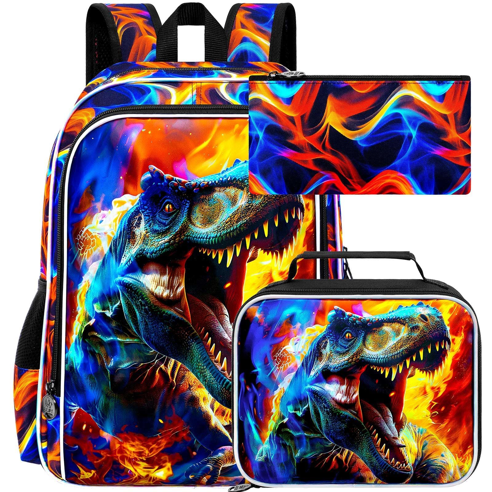 17" Dinosaur Backpack for Boy, 3Pcs Fire Bookbag for Elementary Preschool Kindergarten, Kids School Backpacks with Lunch Box (Red)
