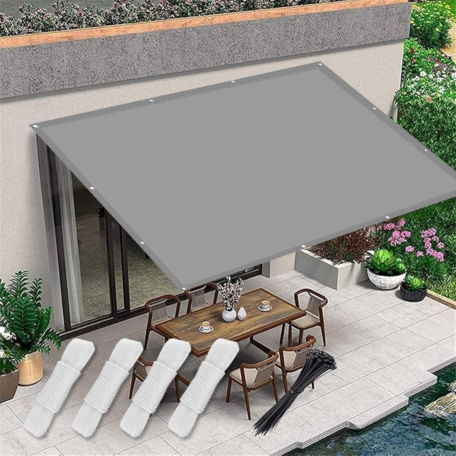 Sonnensegel 3.5x7m Sonnenschutz Balkon inkl Befestigungsseile,Windschutz Reißfest Wetterfest, Rechteckige Markise Segel Baldachin,Schutztuch Sonnensegel, für Terrasse Garten,Hellgrau