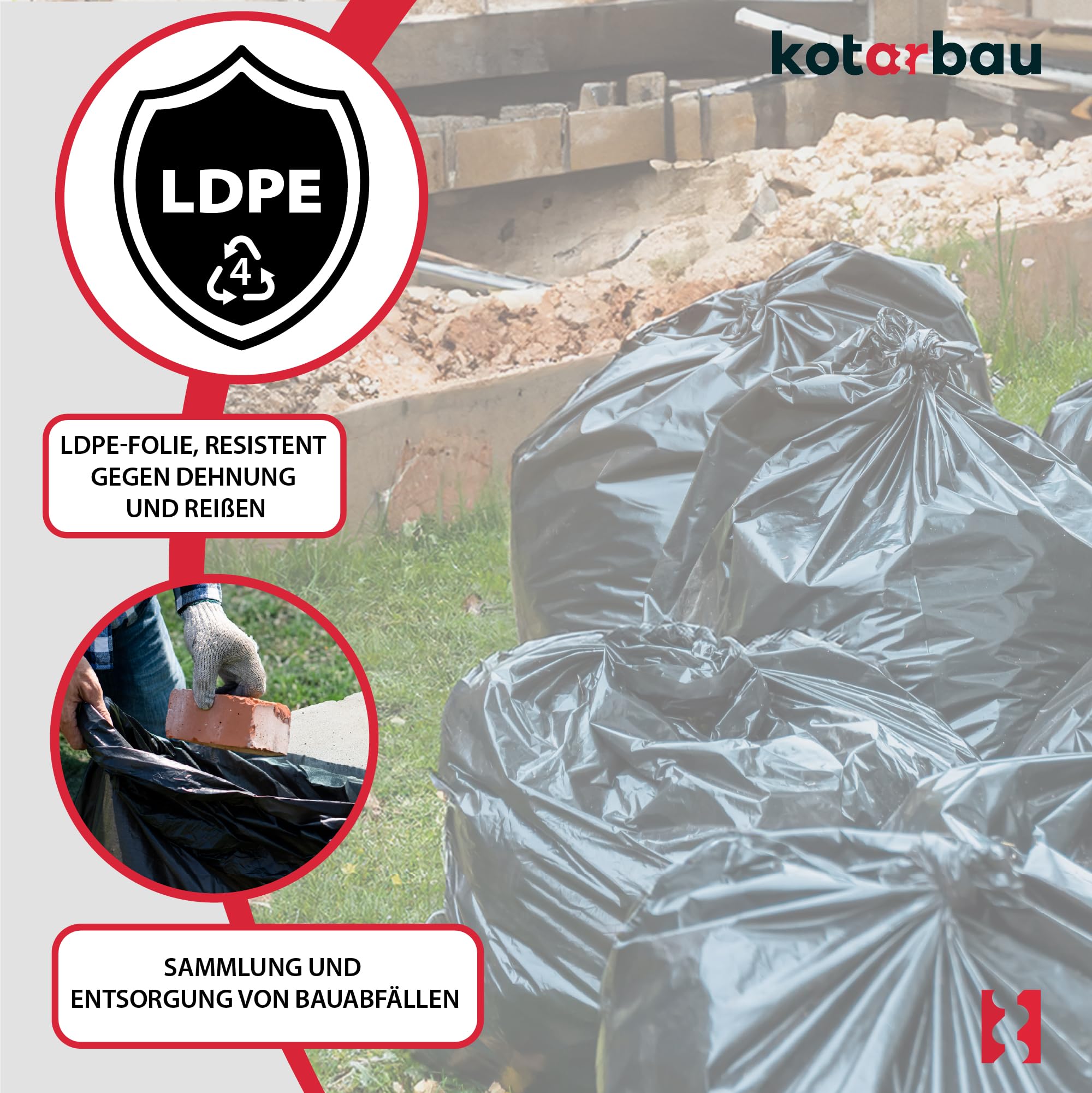 KOTARBAU® 3 x Sac Gravat, Sac A Gravats en Plastique, Chantier 160l 65µm à usages Multiples pour déchets et ordures