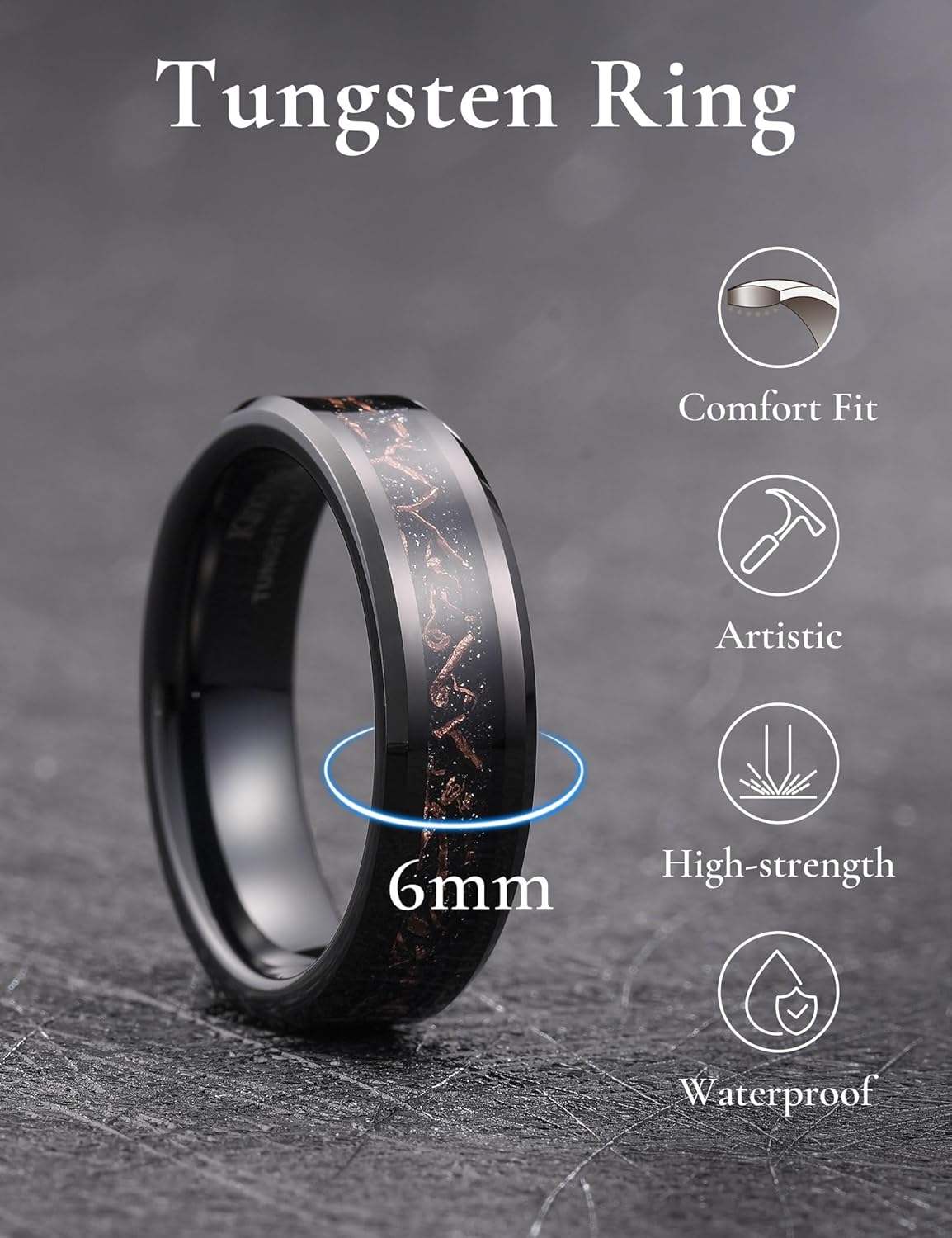 King Will Mens Meteorite Tungsten Wedding Bands, 6mm/8mm Width, Black/Silver Engagement Rings for Couples, Beveled Edge Promise Ring for Women Comfort Fit